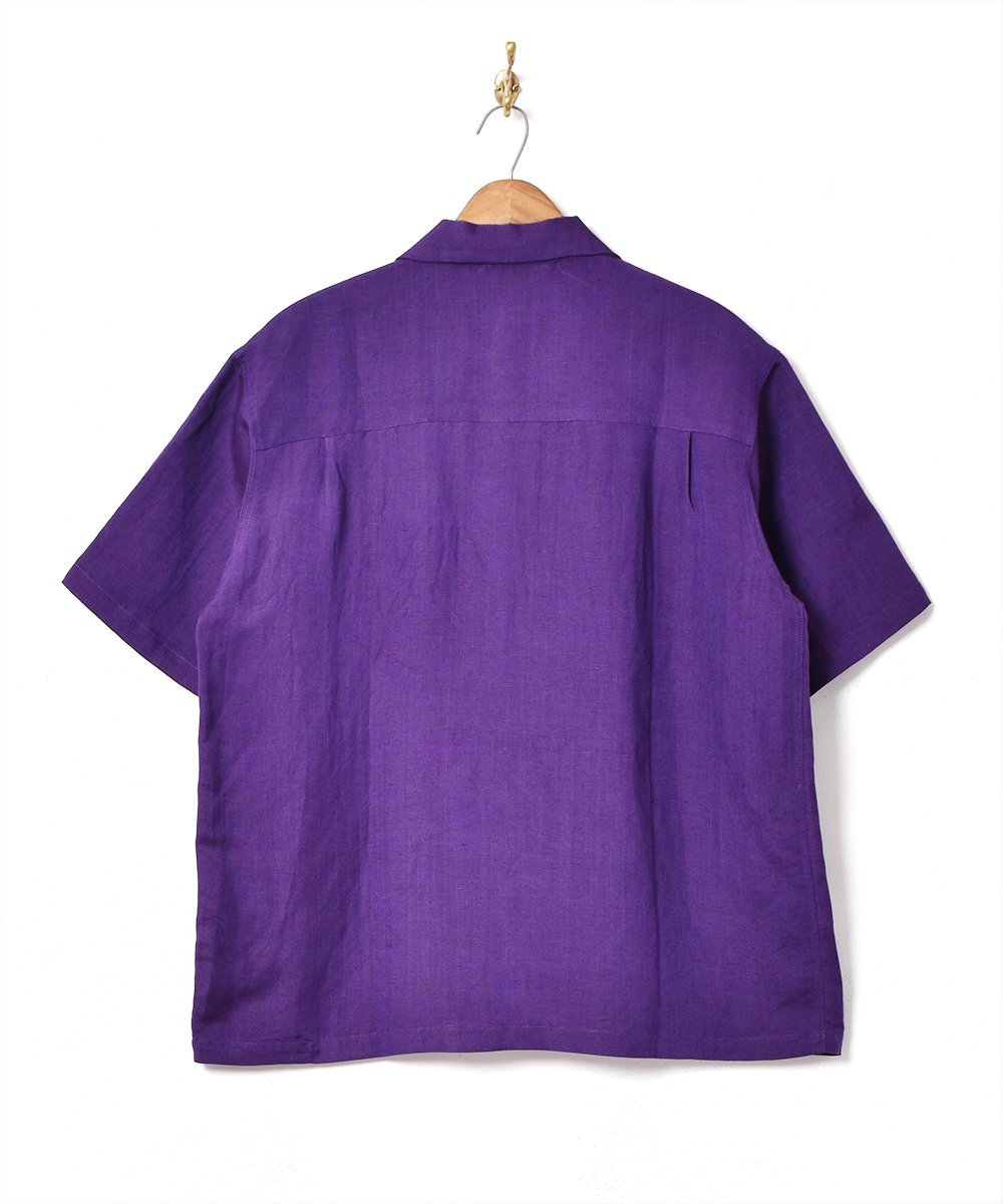 【ブラック】リネン混配色オープンカラー半袖シャツ