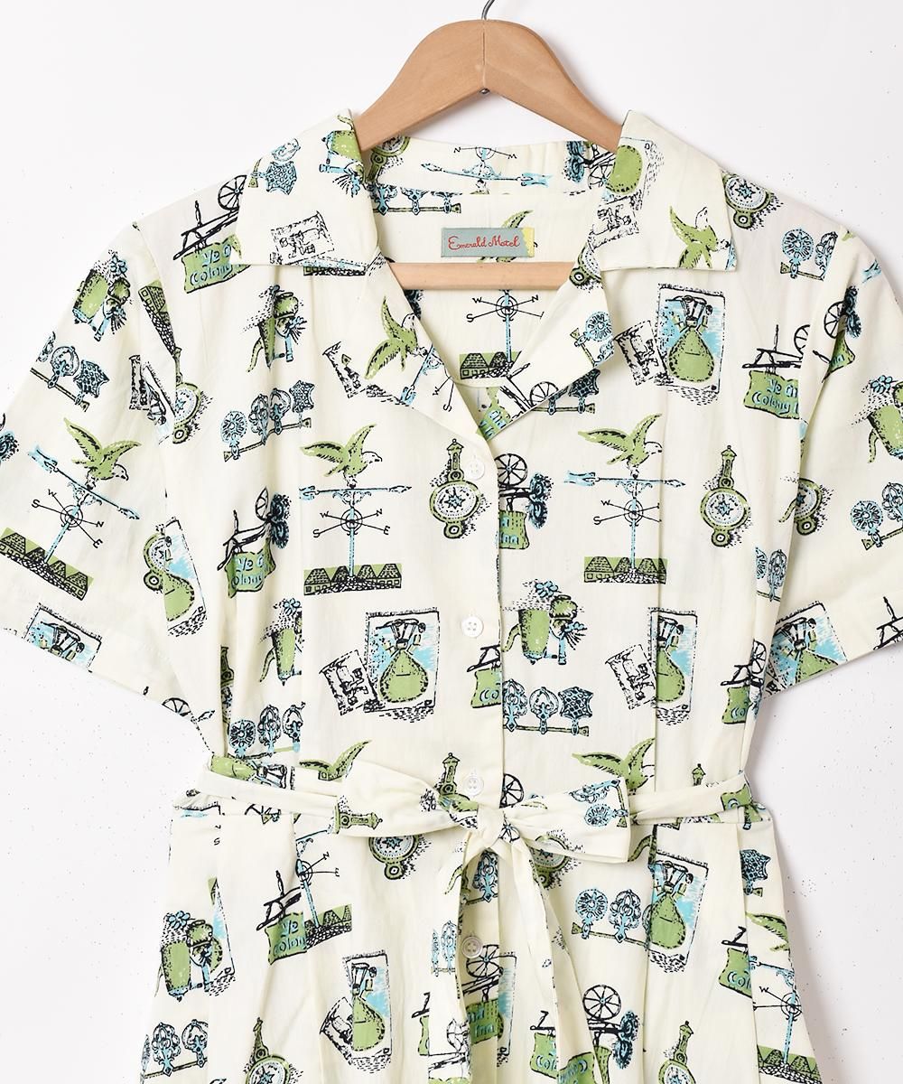 【美品】emerald motel 総柄 オープンカラー シャツ ワンピース Emerald Motel」総柄 半袖 オープンカラーシャツワンピース