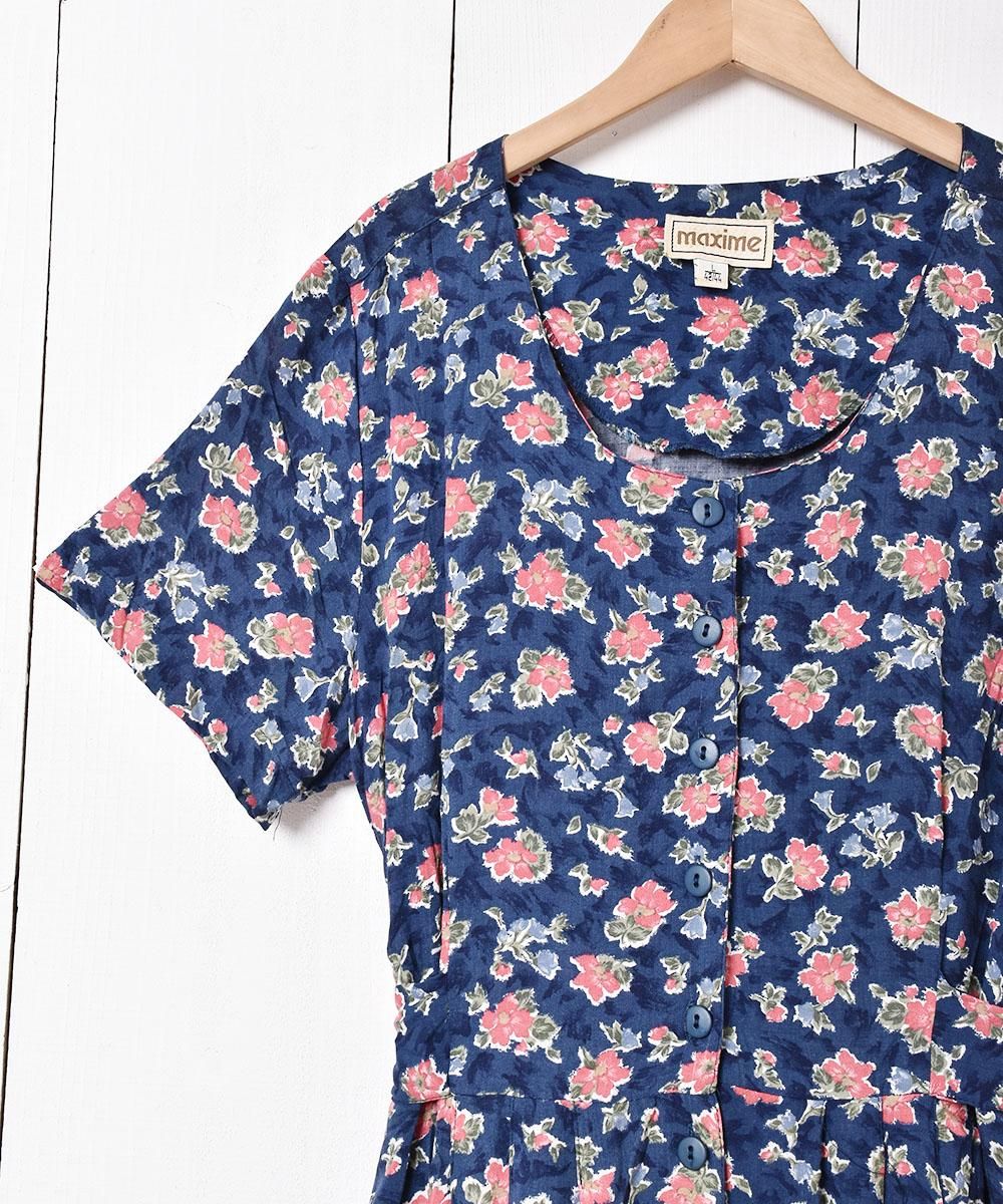 花柄 フロントボタン 半袖ワンピース - 古着屋グレープフルーツ 花柄 フロントボタン 半袖ワンピース - 古着屋グレープフルーツ