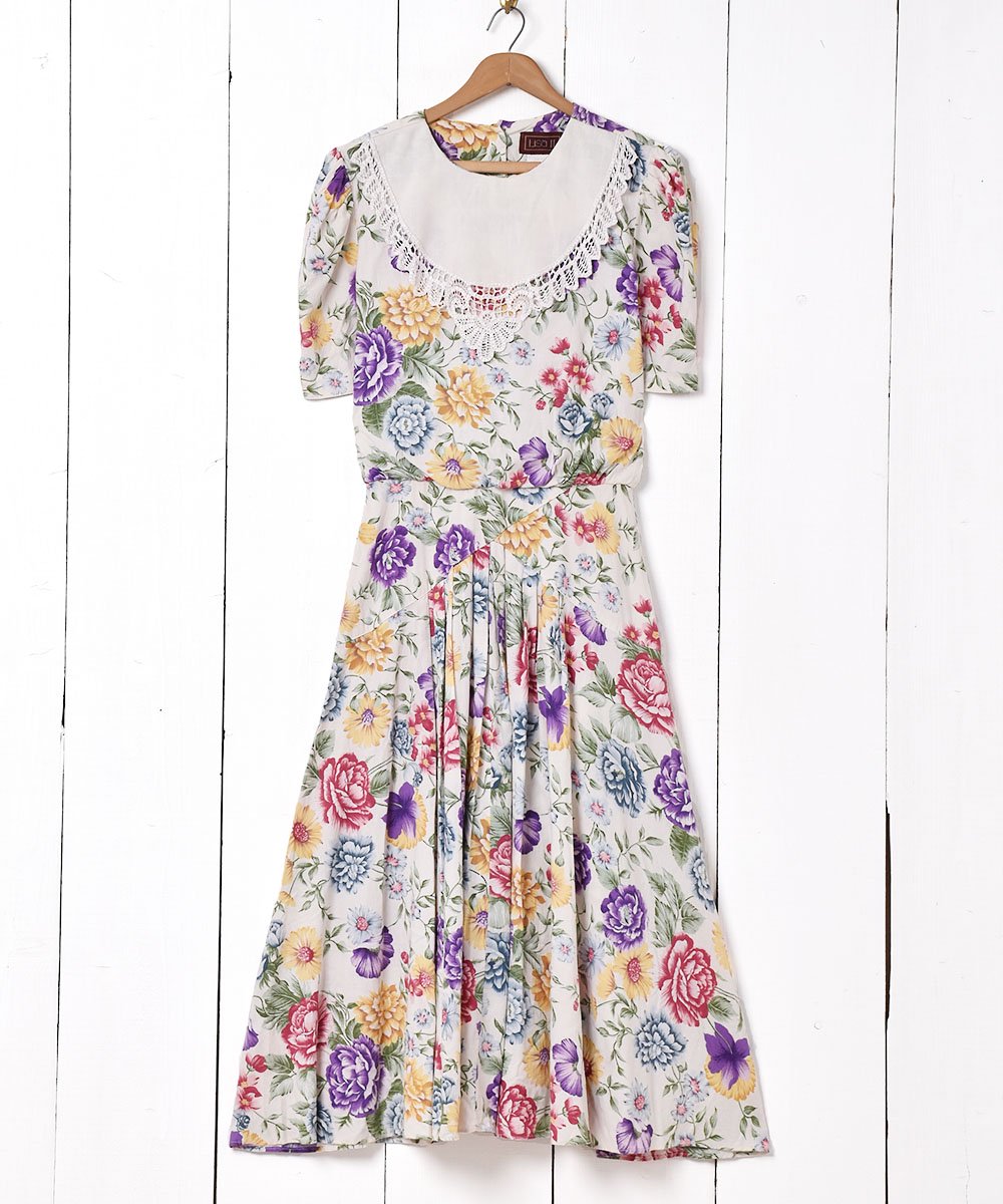 花柄 パフスリーブ 半袖ワンピース - 古着屋グレープフルーツ