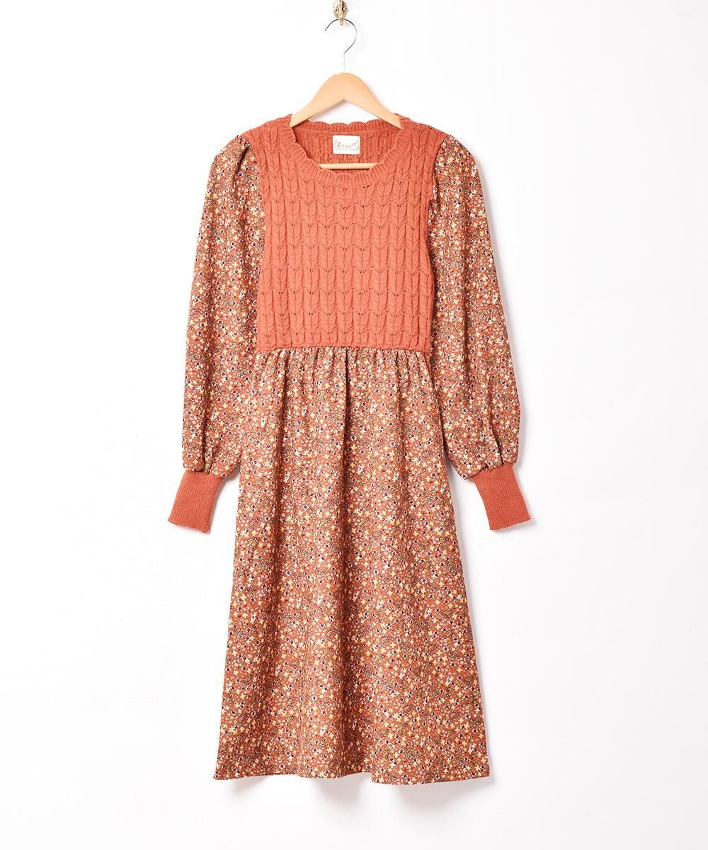 Elcamino」ニット×コーデュロイ 花柄ワンピース オレンジ - 古着 Elcamino」ニット×コーデュロイ 花柄ワンピース オレンジ - 古着