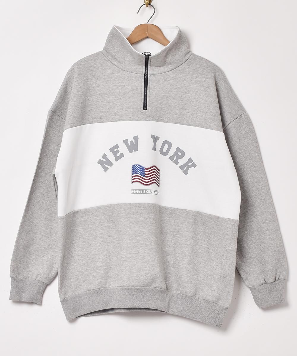 2色展開】ハイネック ハーフジップスウェット 「NEW YORK」 グレー