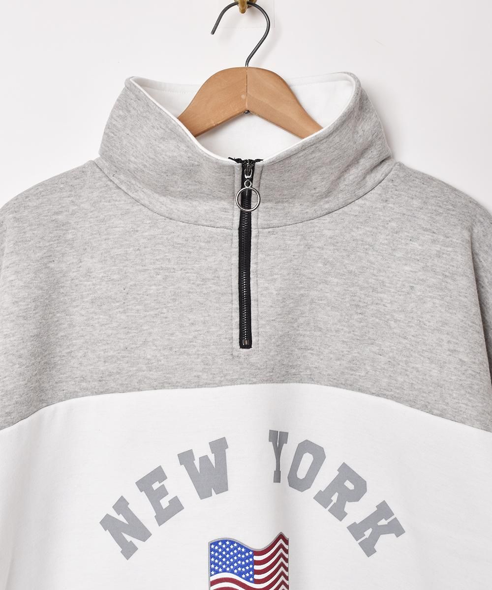 2色展開】ハイネック ハーフジップスウェット 「NEW YORK」 グレー