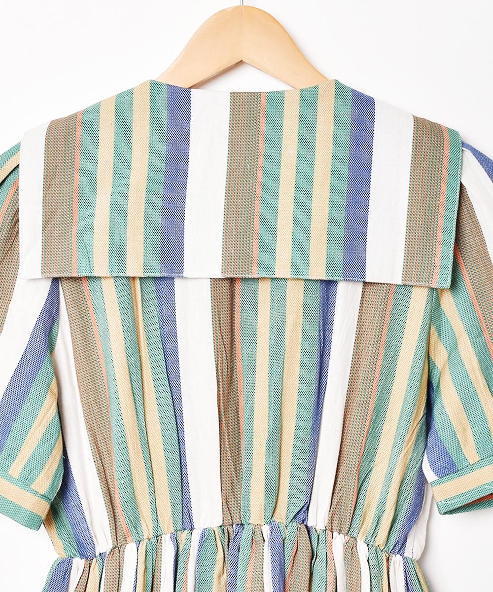 ヴィンテージ 1950's シャーベットカラー ストライプ柄 ロングワンピース セール】 ストライプ刺繍ワンピース （ロング・マキシ丈