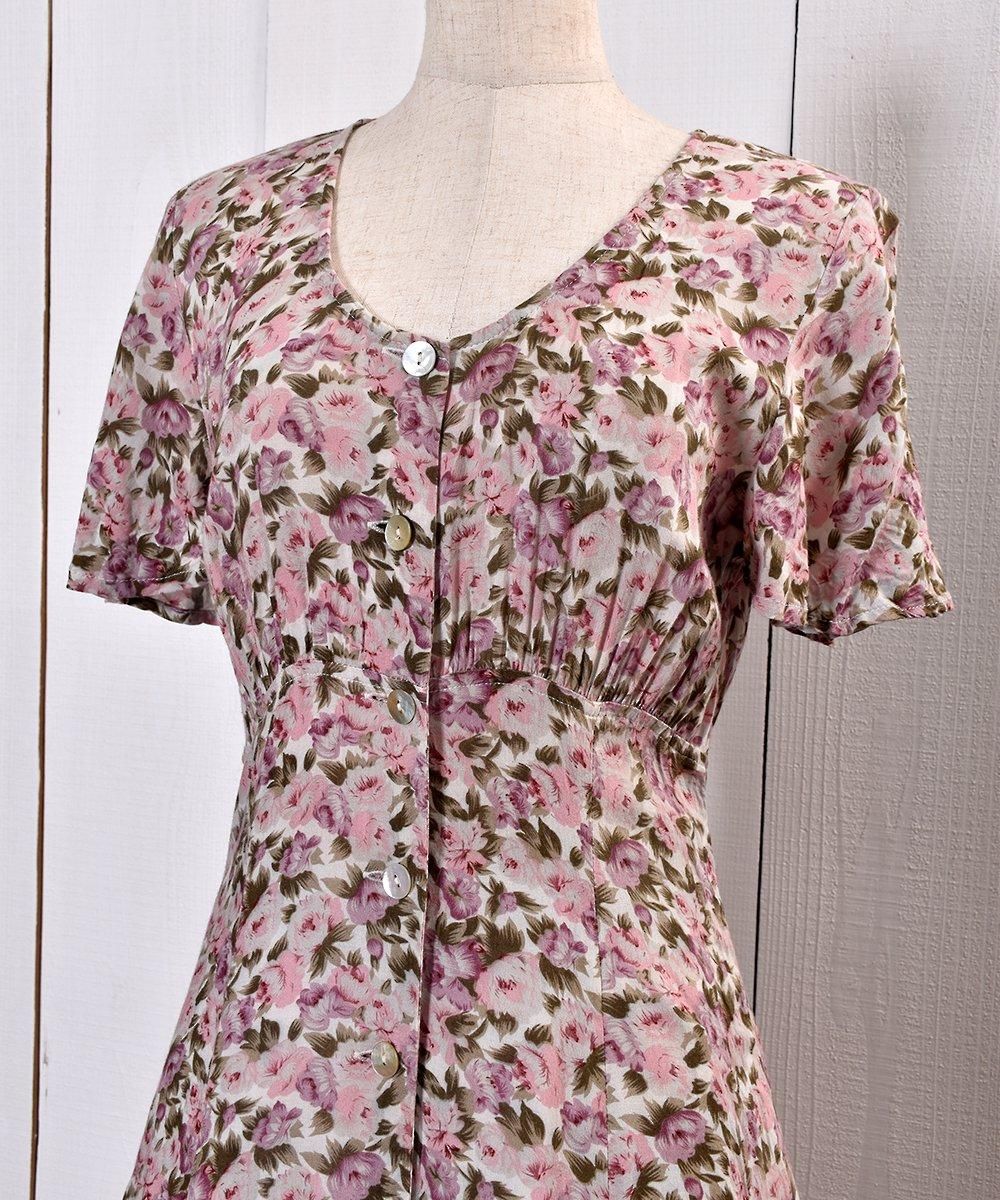 VINTAGE 80年代　USA コットンワンピース　花柄　シェルボタン 花柄 シェルボタン ワンピースR1 - 古着屋グレープフルーツ