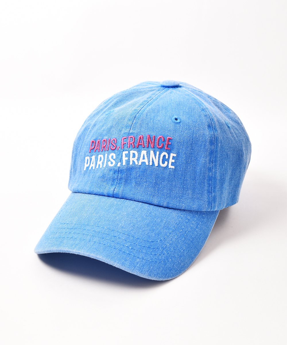 刺繍入り ケミカルウォッシュ デニムキャップ【PARIS,FRANCE】ブルー