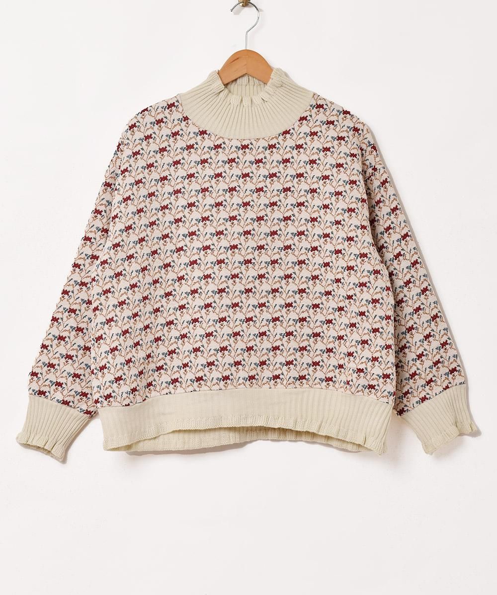 2色展開】花柄 タペストリー リブトップス ホワイト - 古着屋