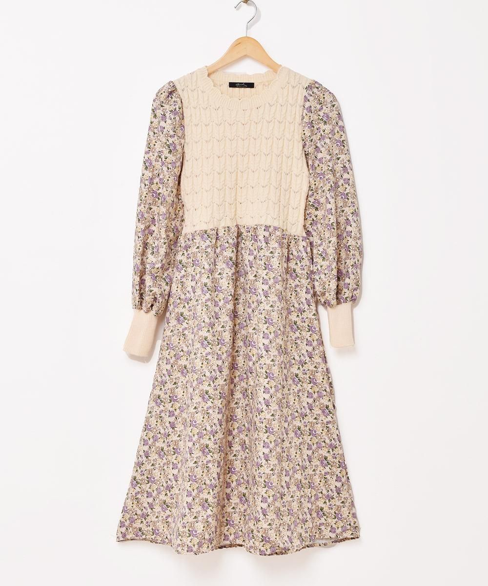 2色展開】「Meridian」花柄 ニット切り替え 長袖ワンピース