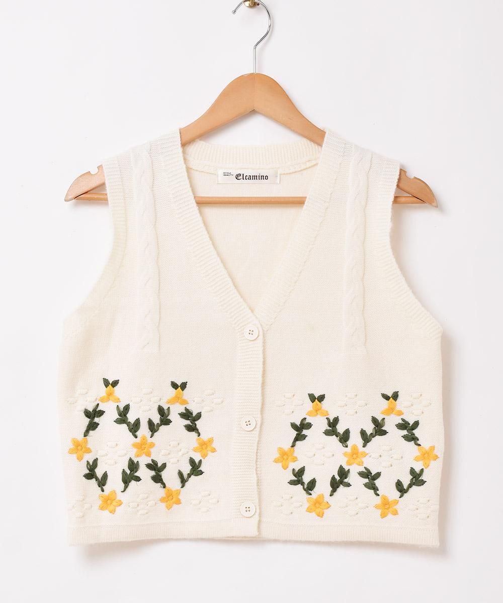 2色展開】「Elcamino」フラワー刺繍 ニットベスト ホワイト 2色展開】「Elcamino」フラワー刺繍 ニットベスト ホワイト