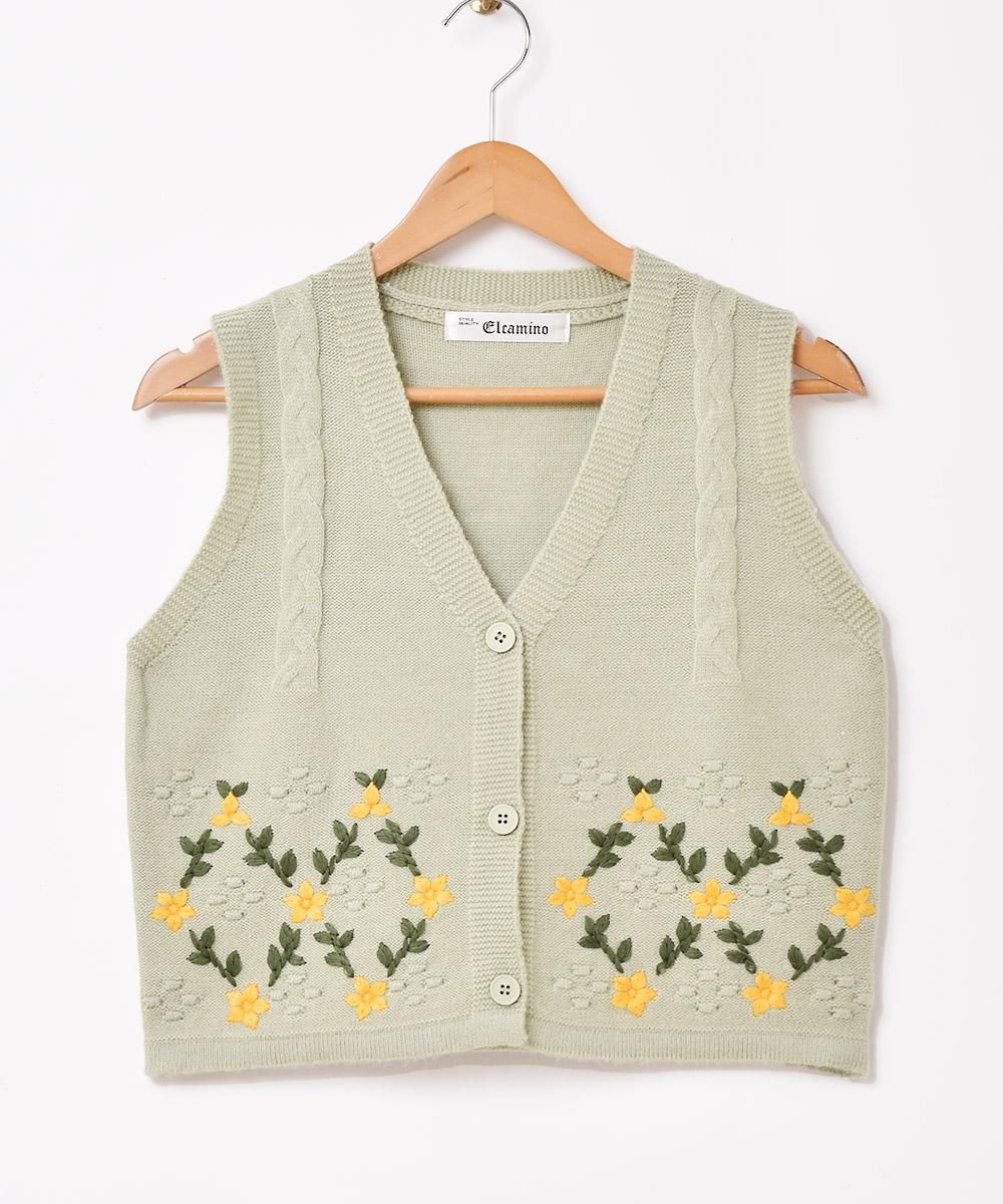 2色展開】「Elcamino」フラワー刺繍 ニットベスト ホワイト 2色展開】「Elcamino」フラワー刺繍 ニットベスト ホワイト