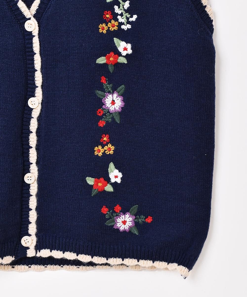 Elcamino」フラワー刺繍 パイピング ニットベスト ネイビー Elcamino」フラワー刺繍 パイピング ニットベスト ネイビー