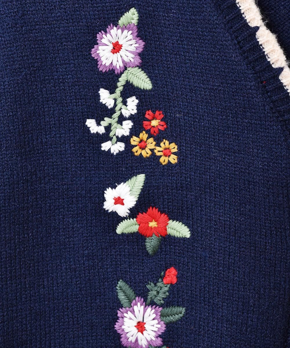 Elcamino」フラワー刺繍 パイピング ニットベスト ネイビー Elcamino」フラワー刺繍 パイピング ニットベスト ネイビー