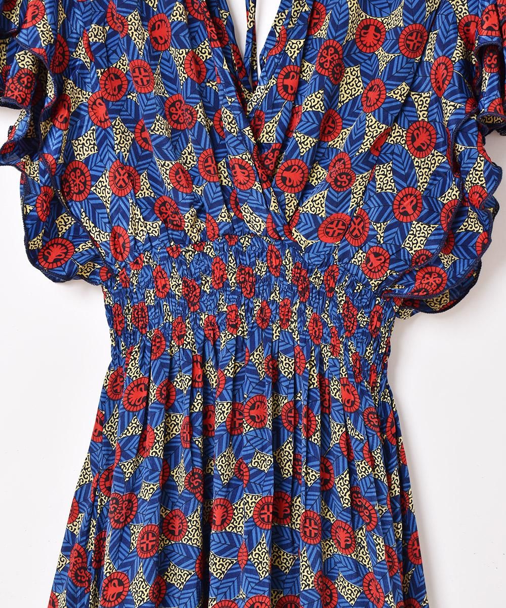 4色展開】「Emerald Motel」総柄 フリル 半袖ワンピース レッド