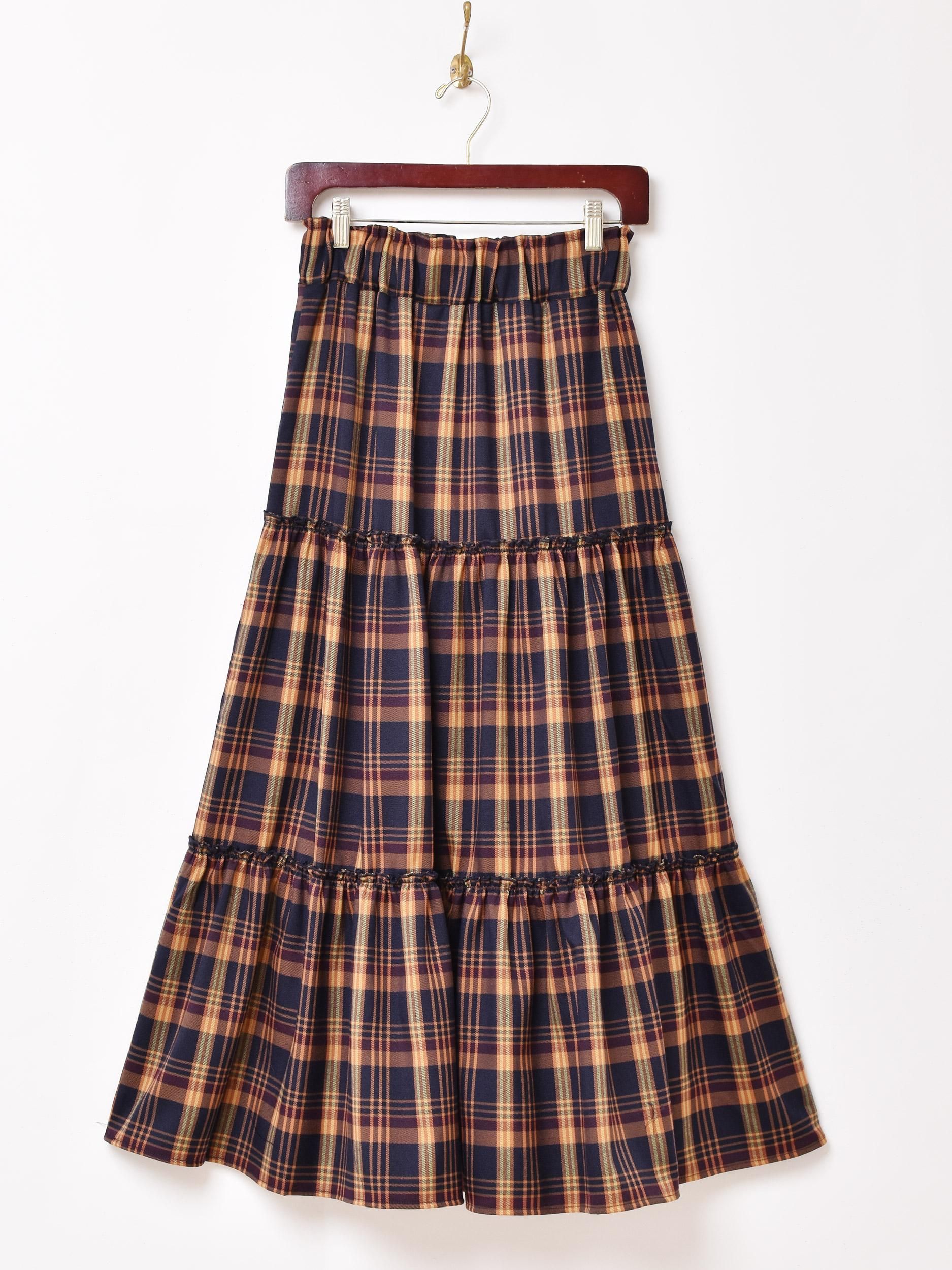 3色展開】「Meridian」チェック柄 ティアードスカート ブラウン - 古着