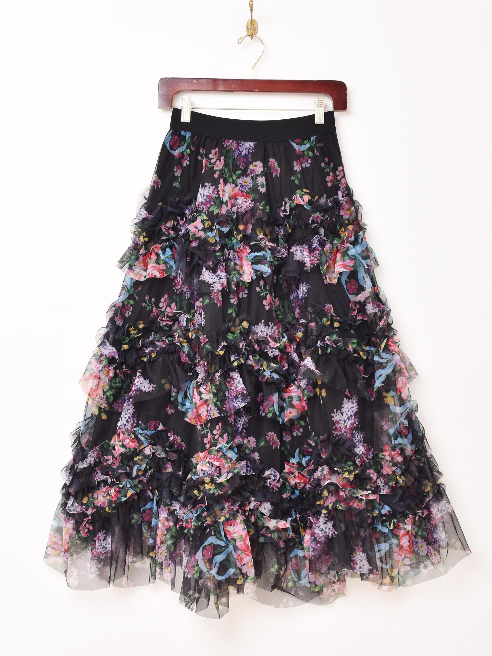 【vintage】ドット×花柄フリルブラックスカート ロング 古着 vintage】ドット×花柄フリルブラックスカート ロング 古着