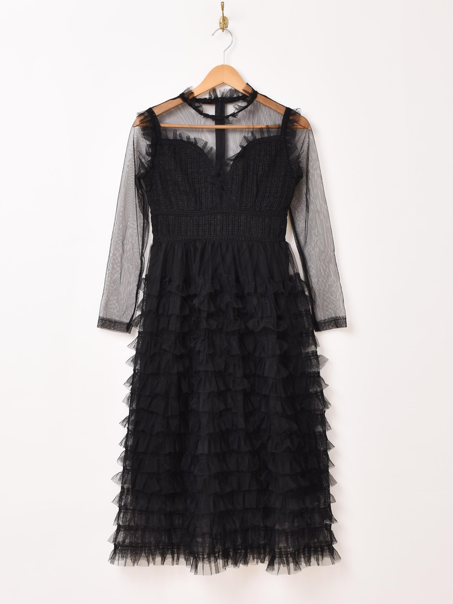 3色展開】「Meridian」長袖 フリル チュール ドレス ブラック - 古着屋
