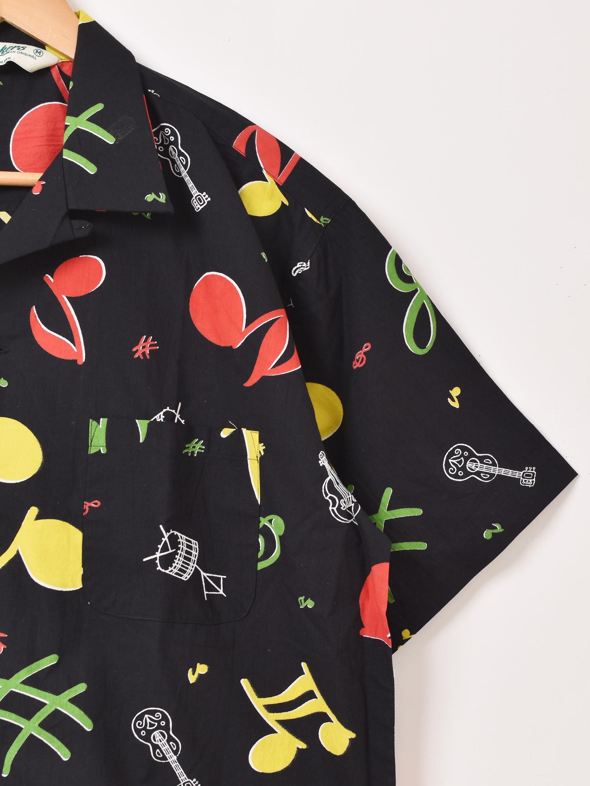 2色展開】「Backers」音符柄 半袖 オープンカラー シャツ ブラック