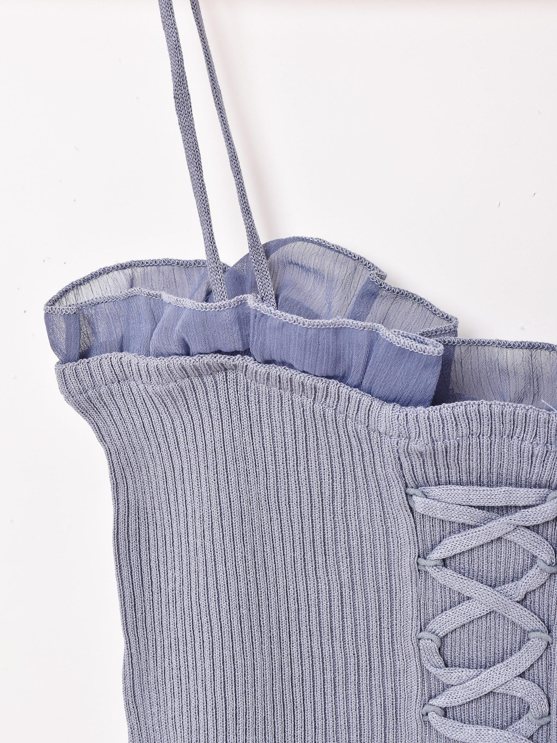 3色展開】「Meridian」レースアップ リブキャミソール ブルー - 古着屋