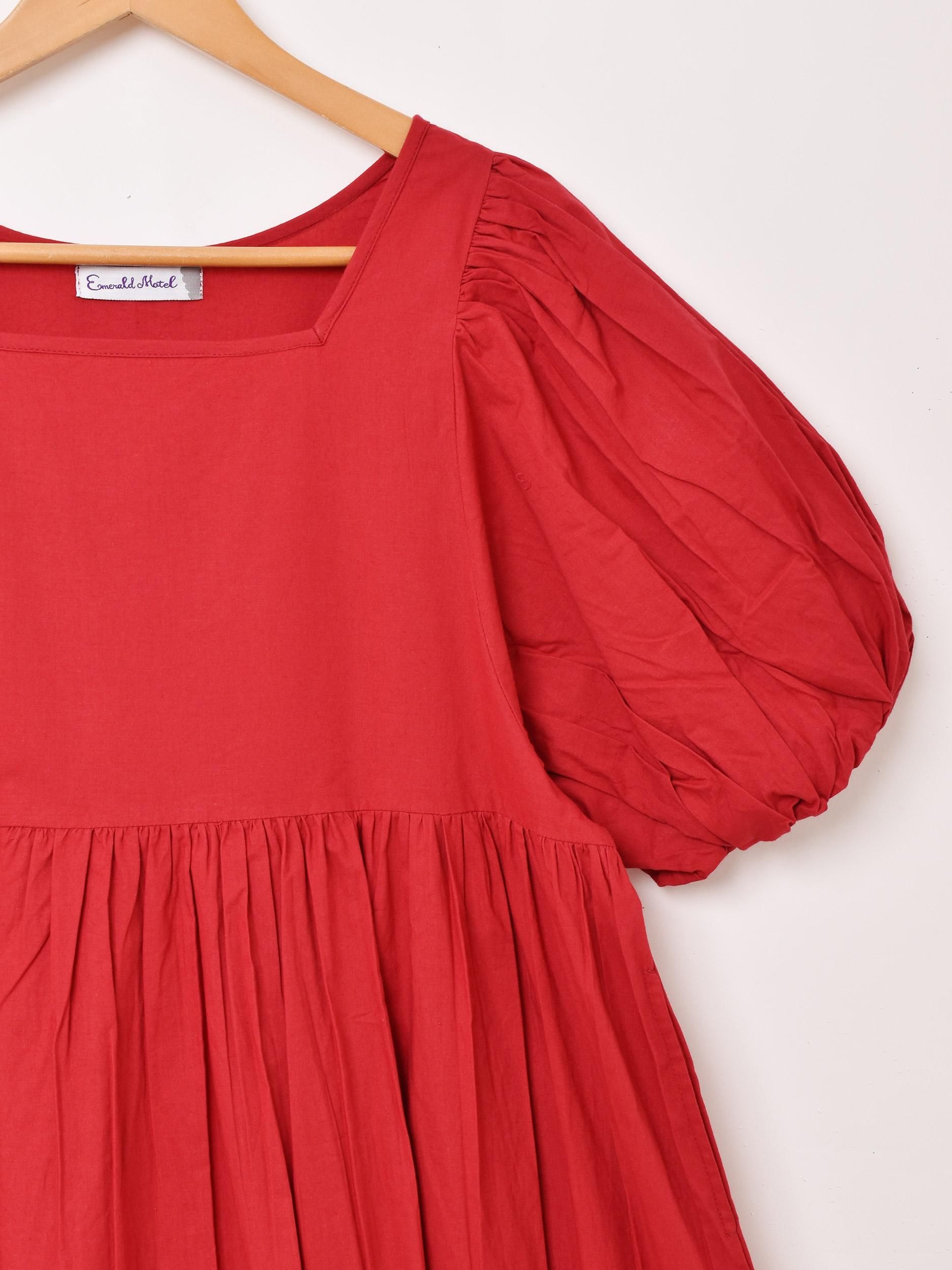 3色展開】「Emerald Motel」半袖 バルーンスリーブ ワンピース レッド