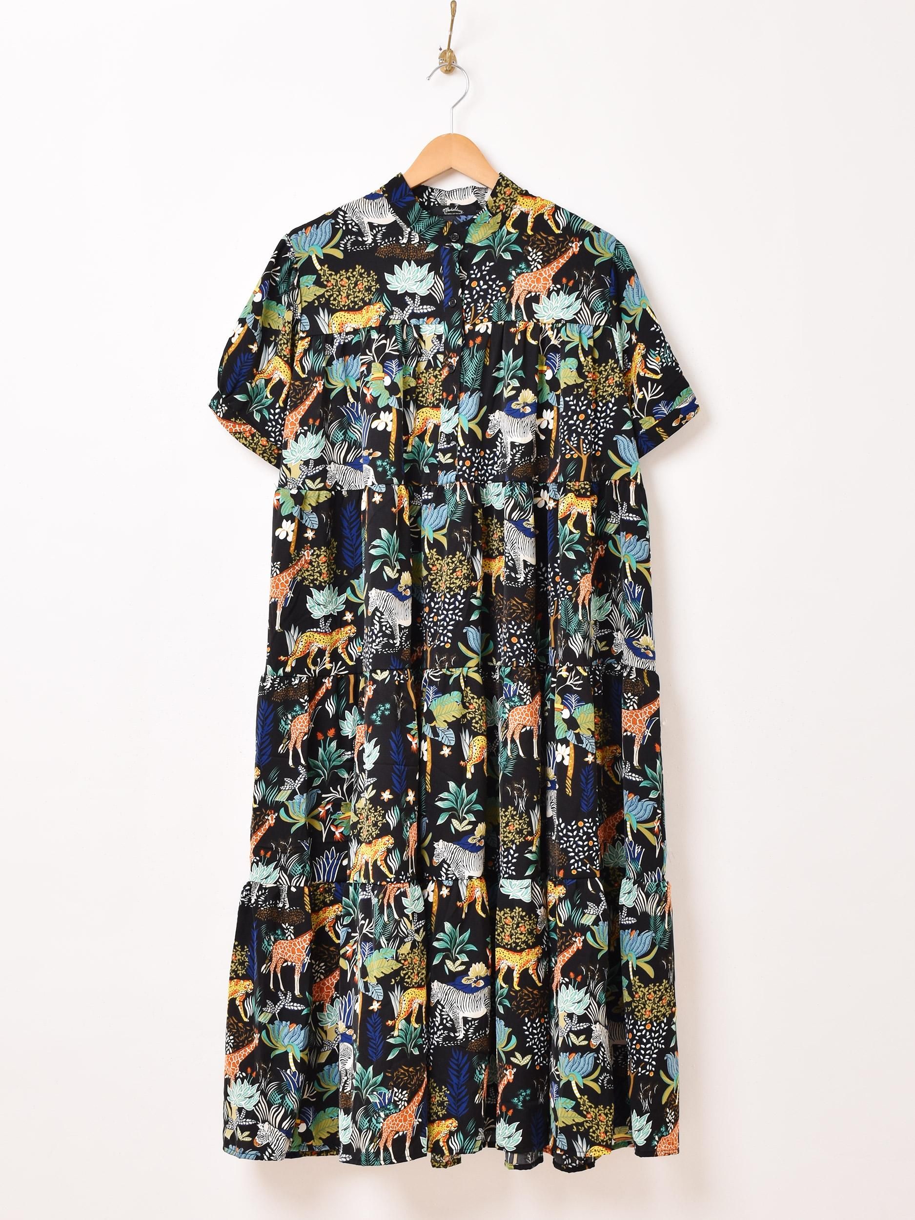 2色展開】「Meridian」総柄 半袖 ティアードワンピース ブラック