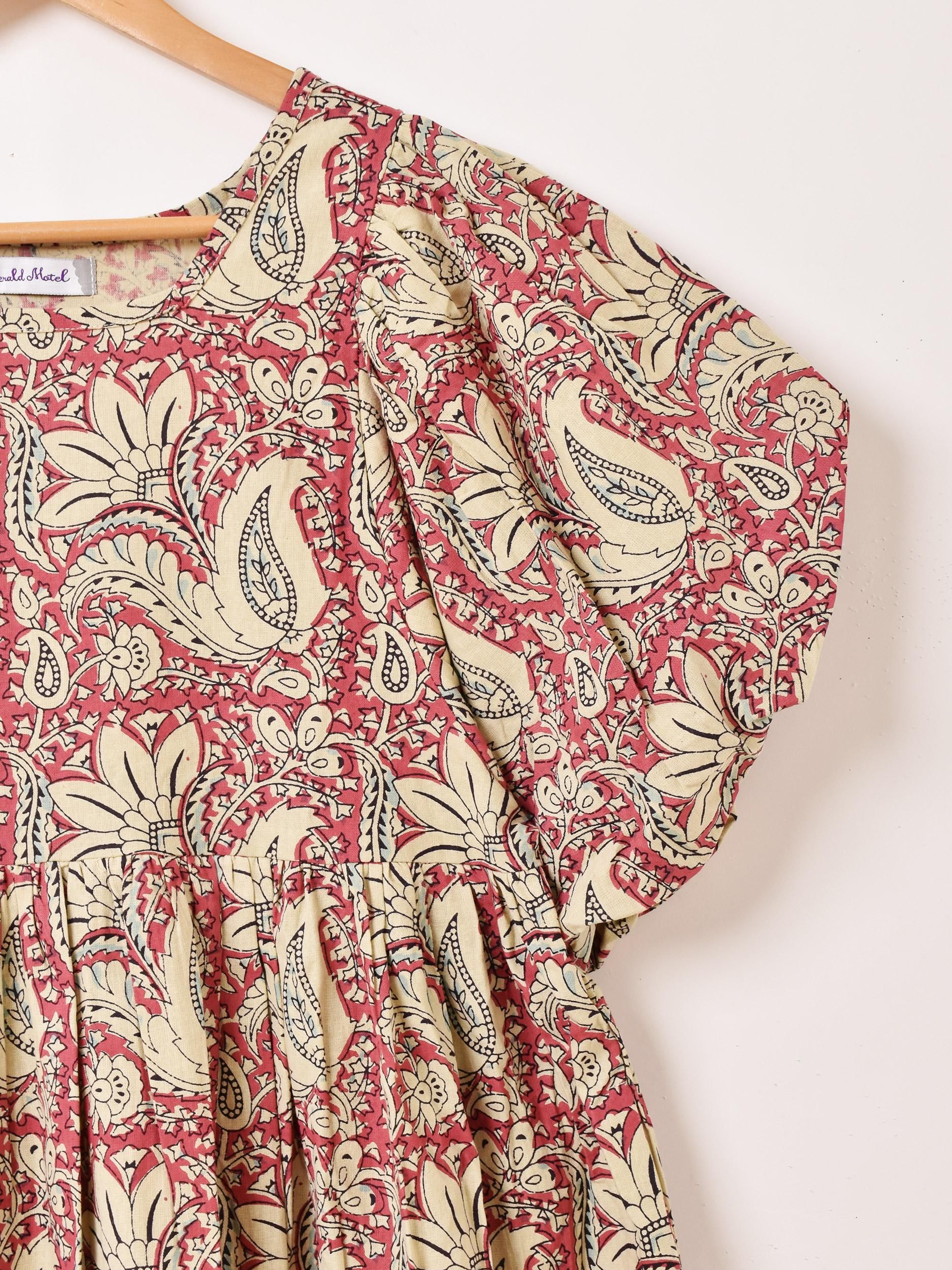 Emerald Motel」ブロックプリント風 バルーンスリーブ 半袖ワンピース