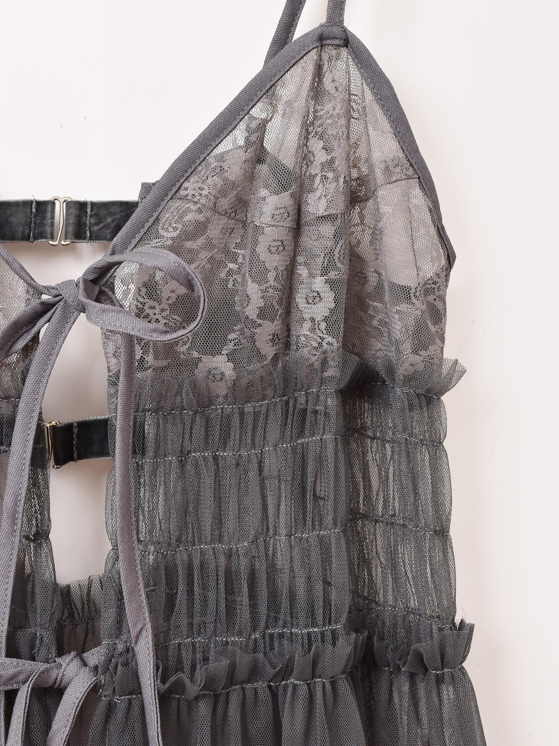 デコレーションケーキキャミソールワンピース　グレー ジュノア JUNOAH ショルダーリボンチュールドッキングキャミワンピース