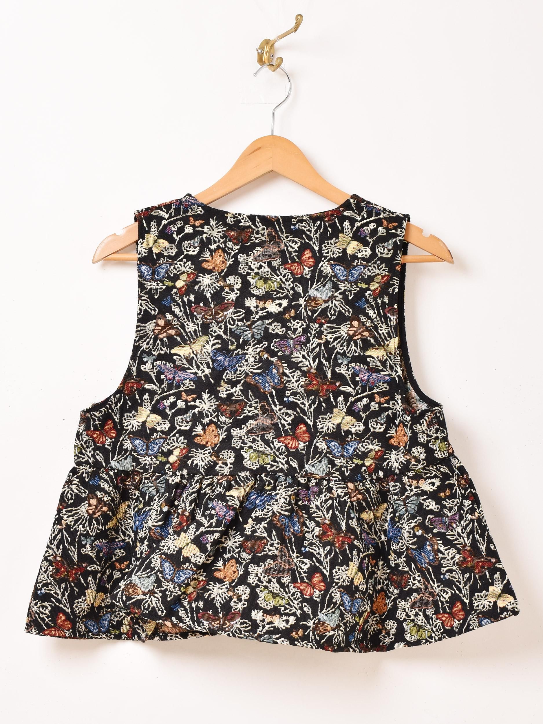 LIBERTY◎上質 花柄ベスト(M)総柄 英国製 ゴブラン織り調 クラシック Meridian」バタフライ柄 ゴブラン ペプラムベスト ブラック