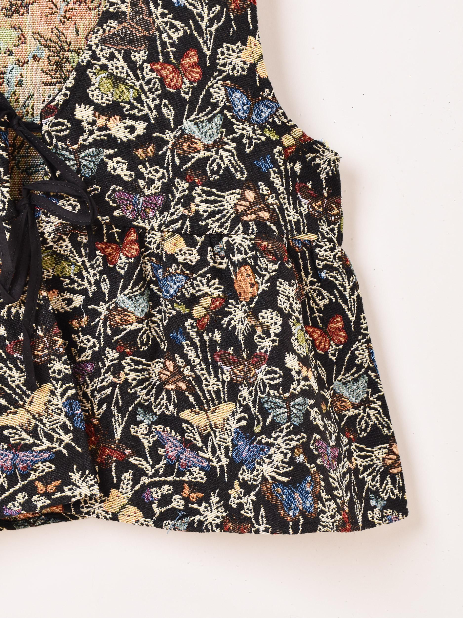 LIBERTY◎上質 花柄ベスト(M)総柄 英国製 ゴブラン織り調 クラシック Meridian」バタフライ柄 ゴブラン ペプラムベスト ブラック