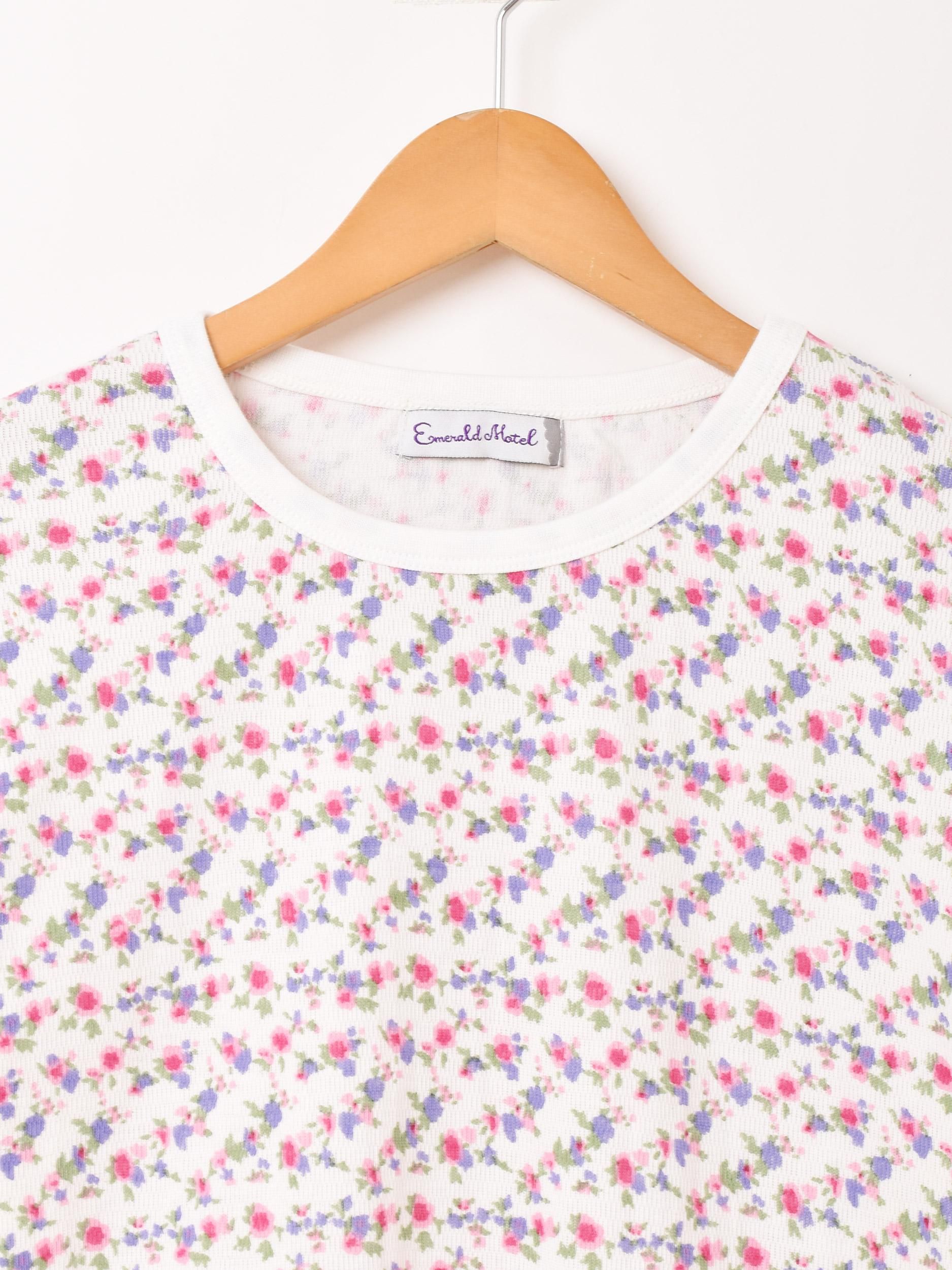 3色展開】「Emerald Motel」花柄 長袖 ワッフルT ピンク - 古着