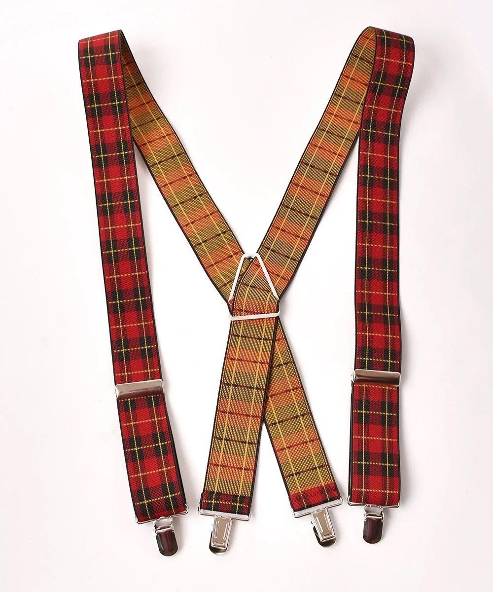 4色展開】タータンチェック柄 ワイドサスペンダー ワインレッド - 古着
