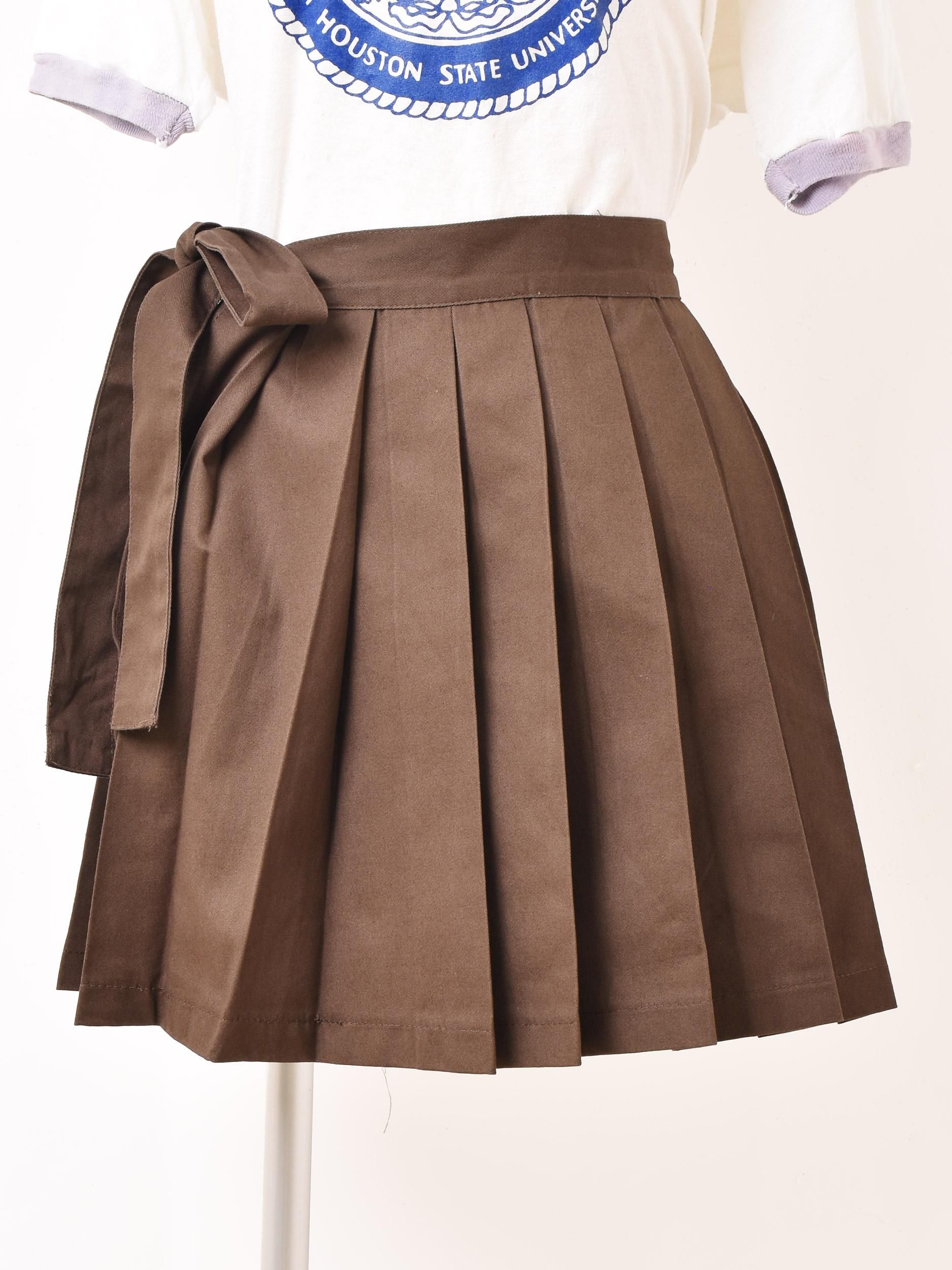 FUZZYKONサンドブラウン／レトロ紋様プリント ダブルメッシュミディスカート 3色展開】「Meridian」プリーツスカート エプロン ブラウン - 古着屋