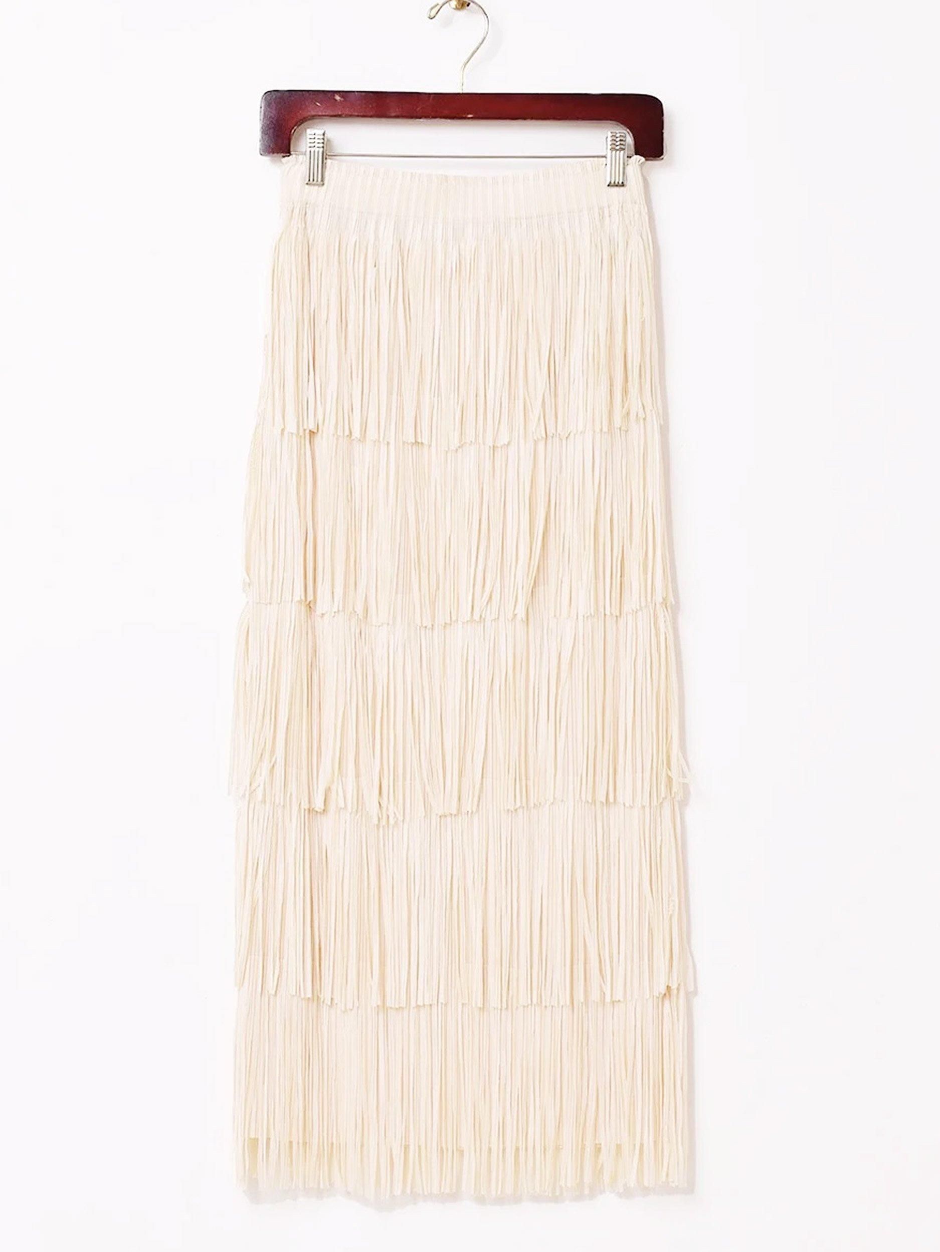 5色展開】「Meridian」ティアード フリンジ ロングスカート ブラウン