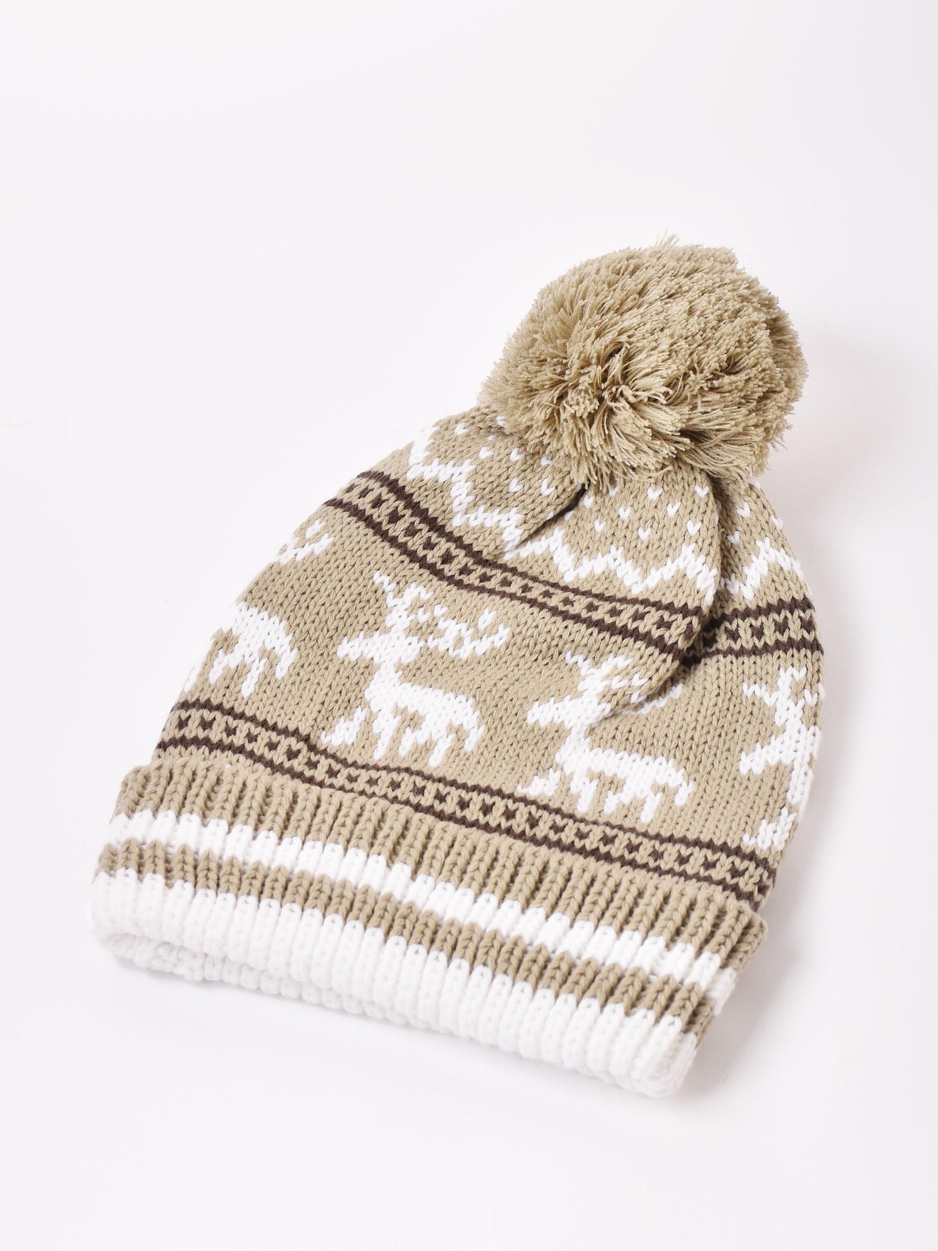 トナカイ柄ポンポンニットキャップ|ベージュ - 古着屋グレープフルーツ