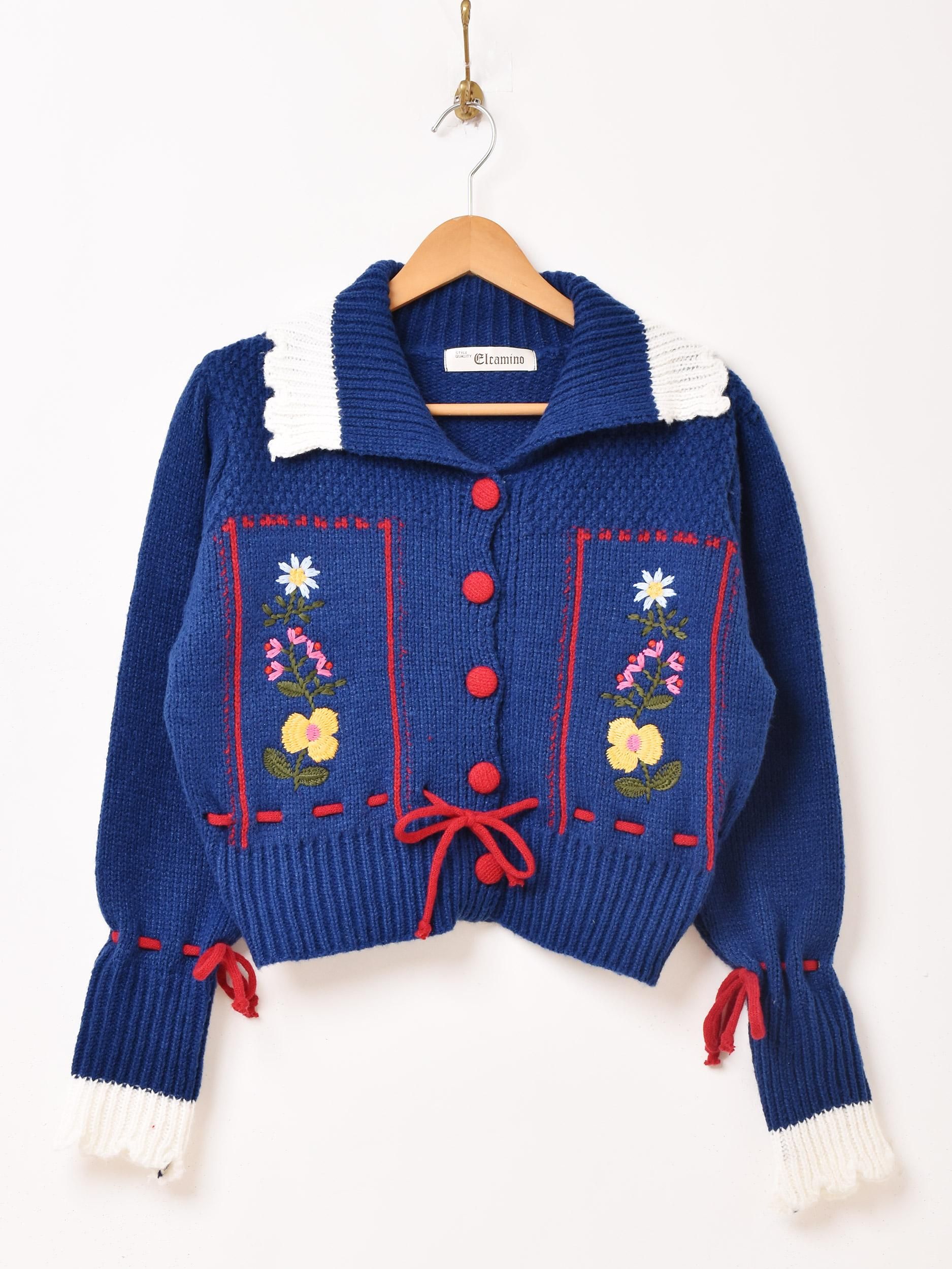 Meridianフラワー刺繍カーディガン|ブルー - 古着屋 Meridianフラワー刺繍カーディガン|ブルー - 古着屋