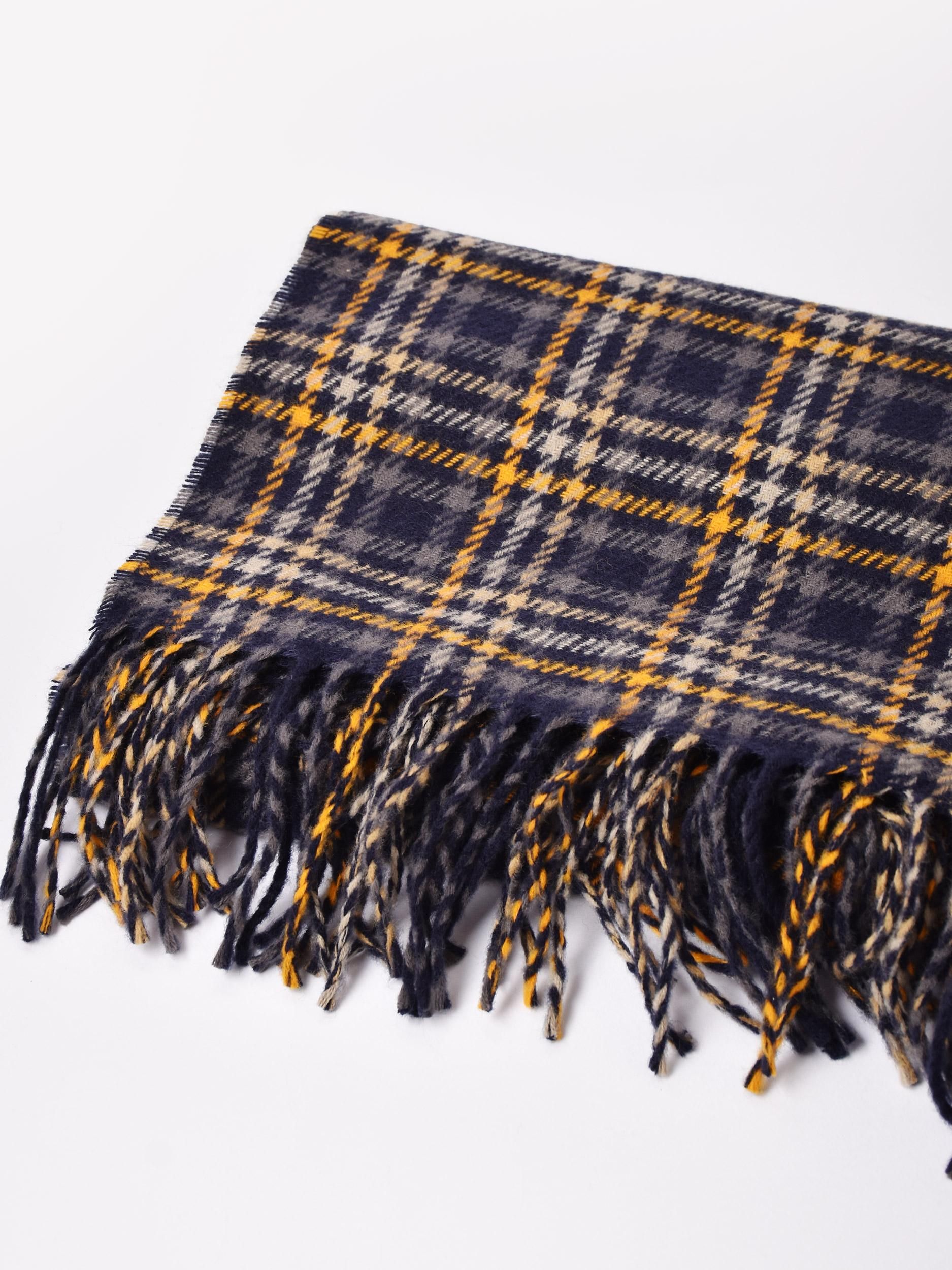 大判チェック柄ストール | ネイビー×イエロー - 古着屋