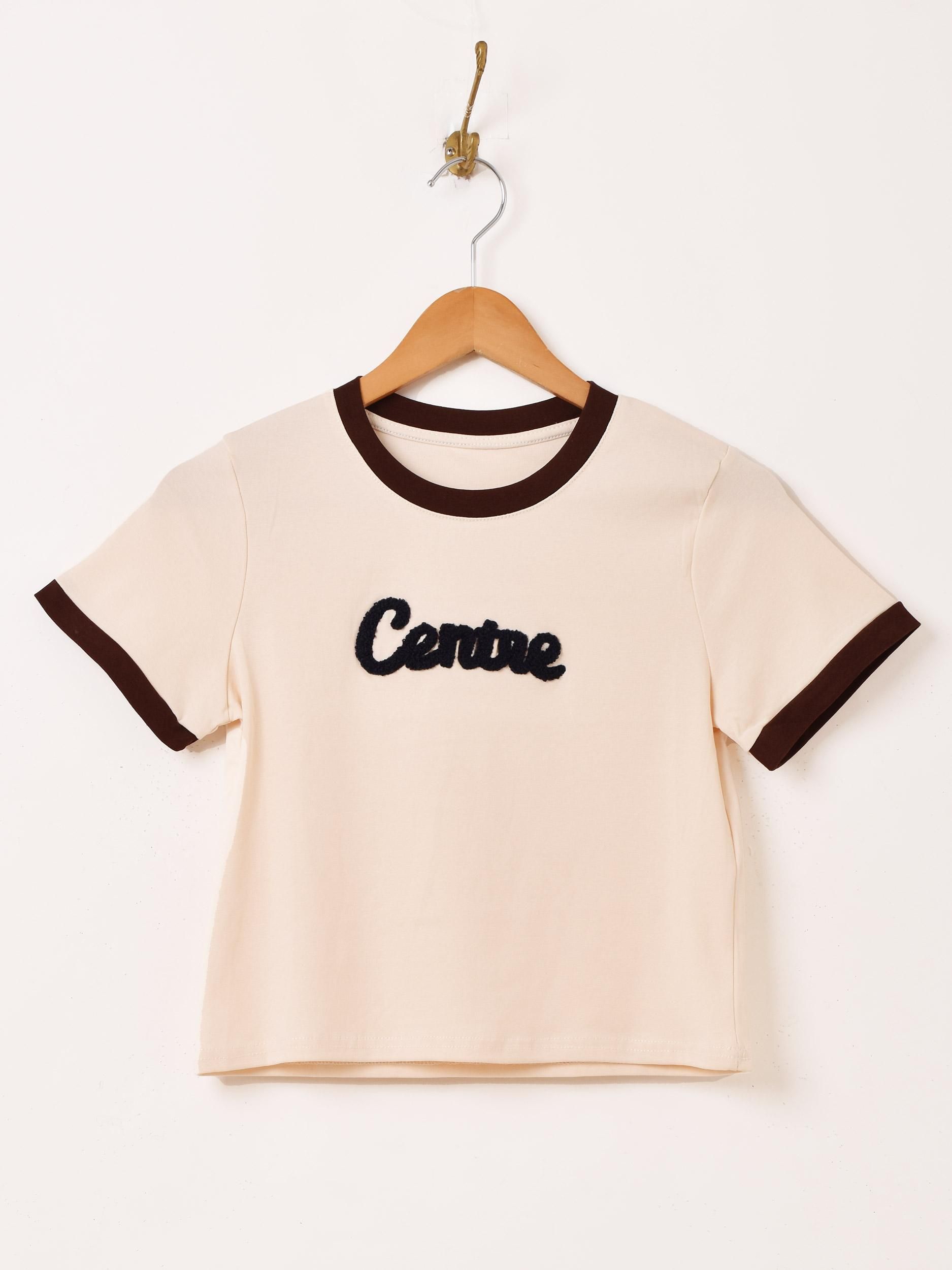クロップド刺繍リンガーTシャツ | Centre ベージュ - 古着屋