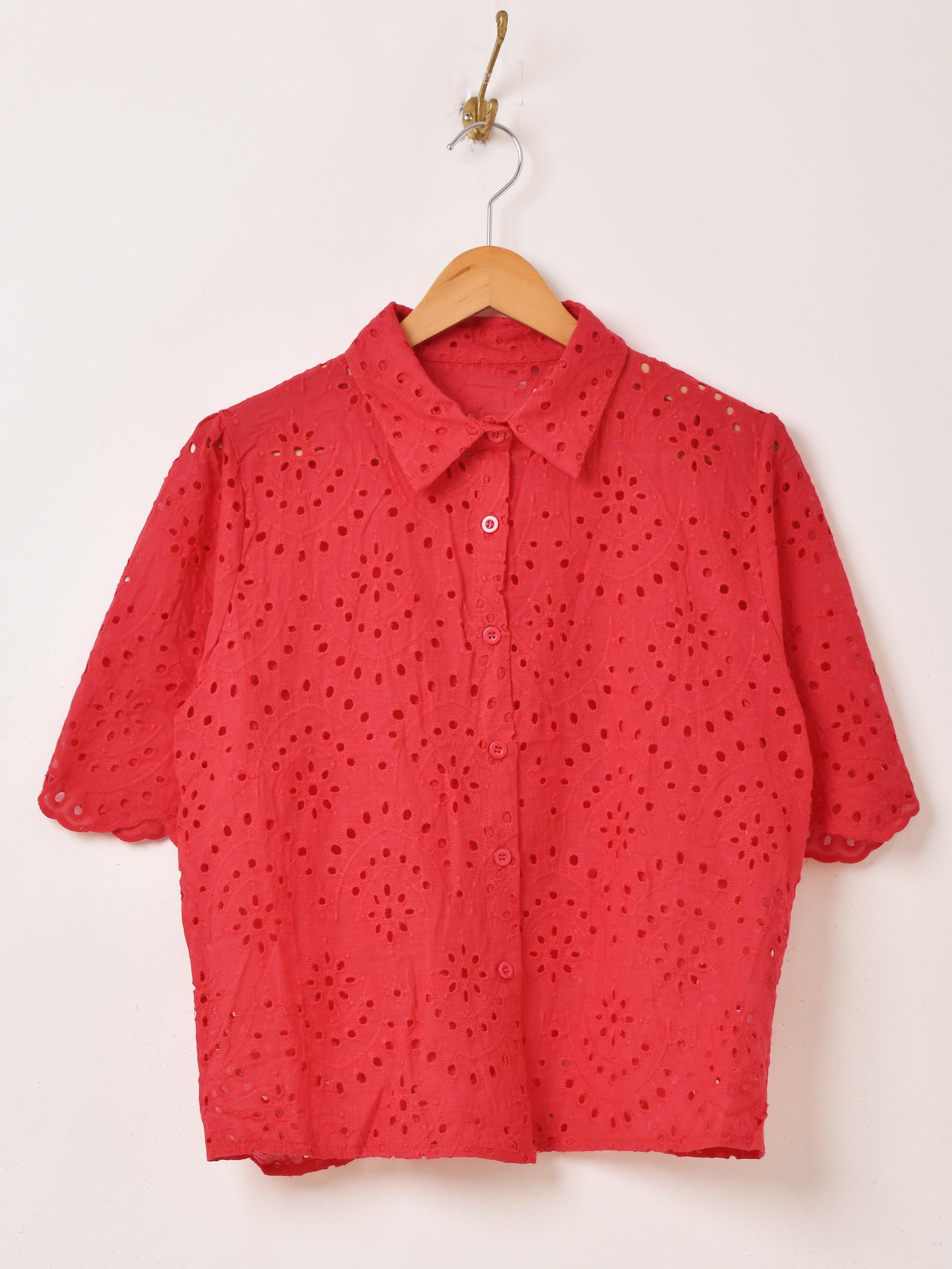 2色展開】「Meridian」カットワークレース 半袖ブラウス レッド