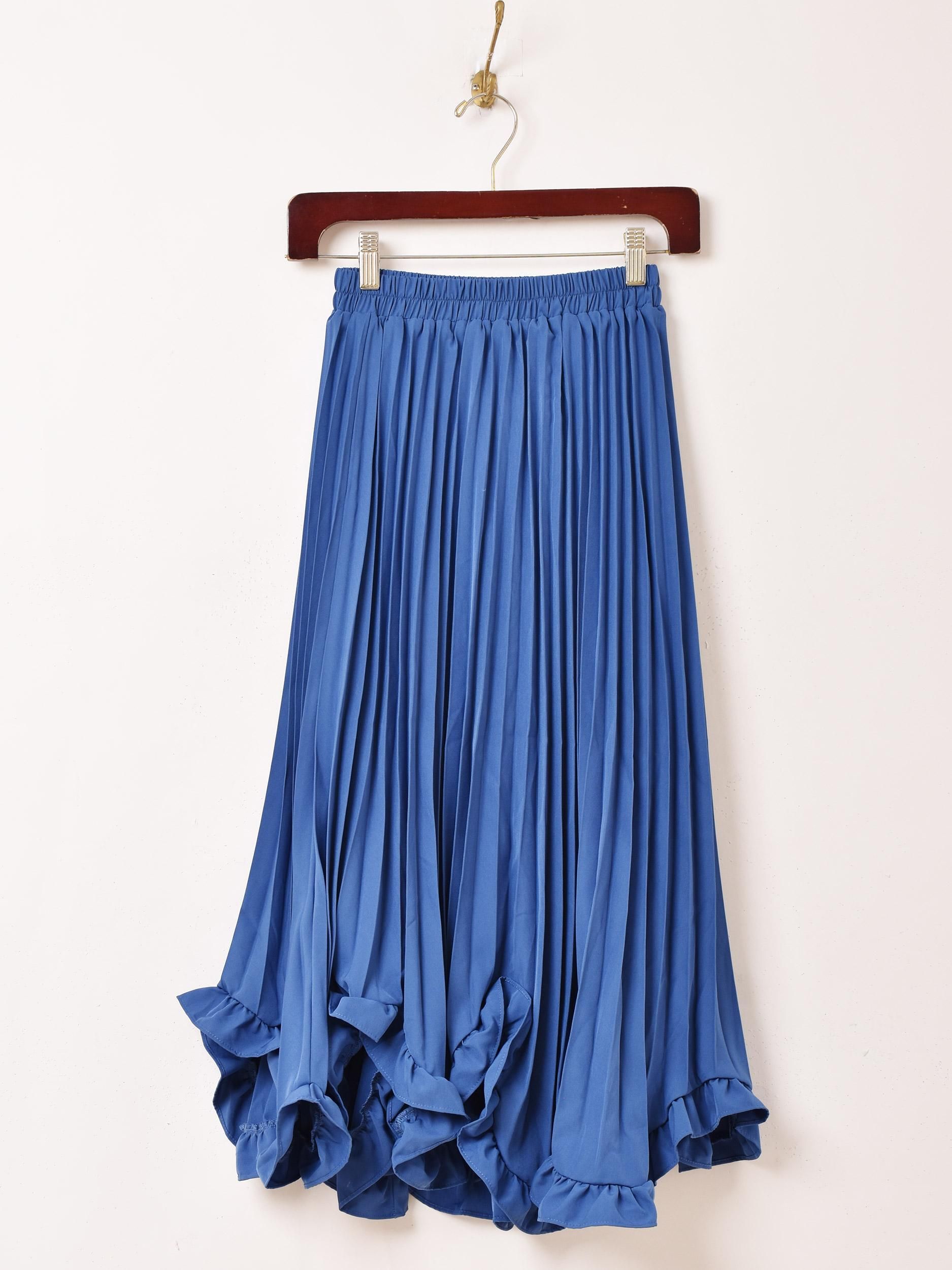 3色展開】「Meridian」アシンメトリー フリル プリーツスカート ブルー