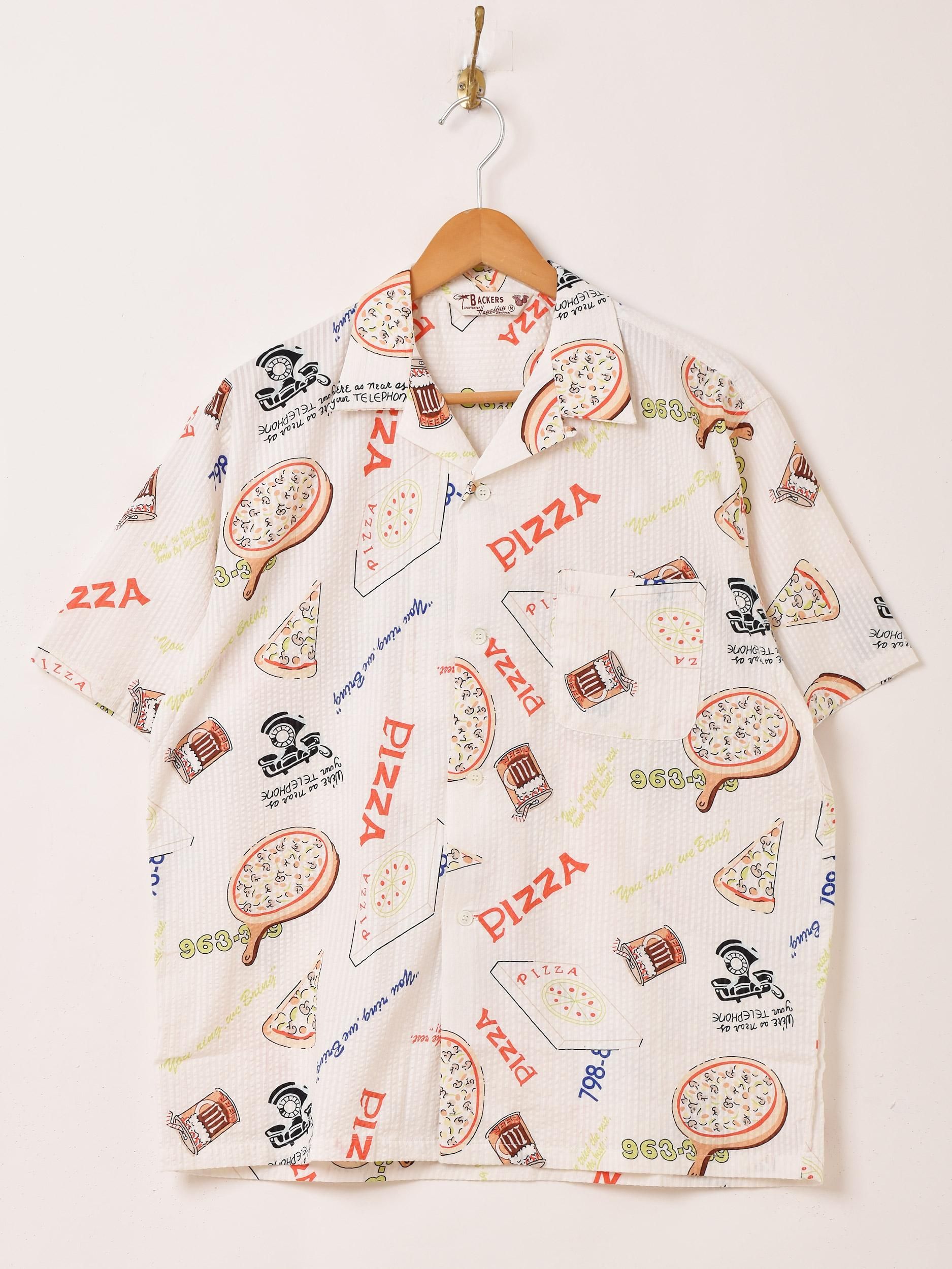 ⚠️White様商談中⚠️　　　　　 さよならはくつる メ135 Backers」総柄 ピザモチーフ ハワイアンシャツ ホワイト - 古着屋