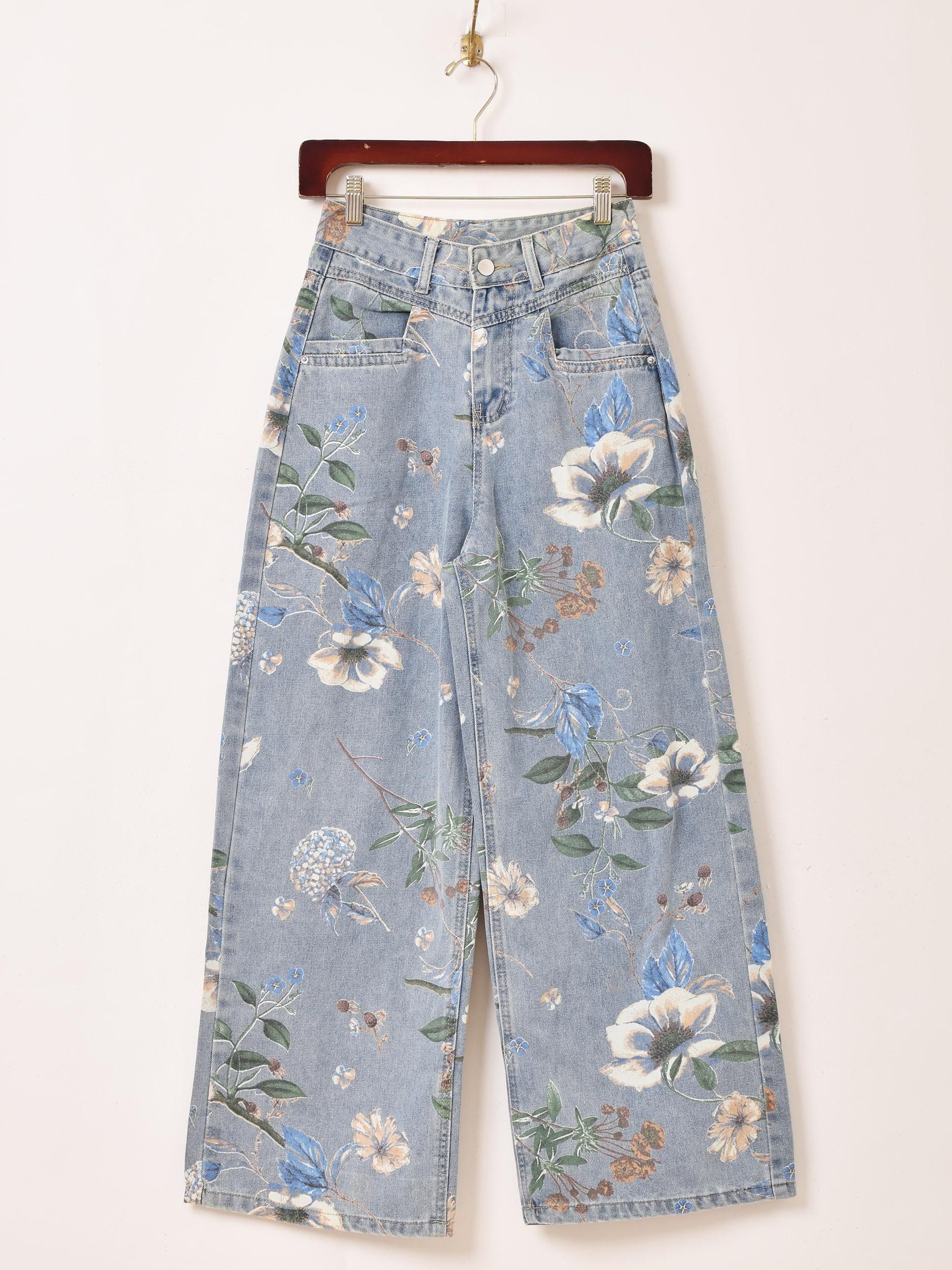 Elcamino」花柄 草花モチーフ デニムパンツ - 古着屋グレープフルーツ