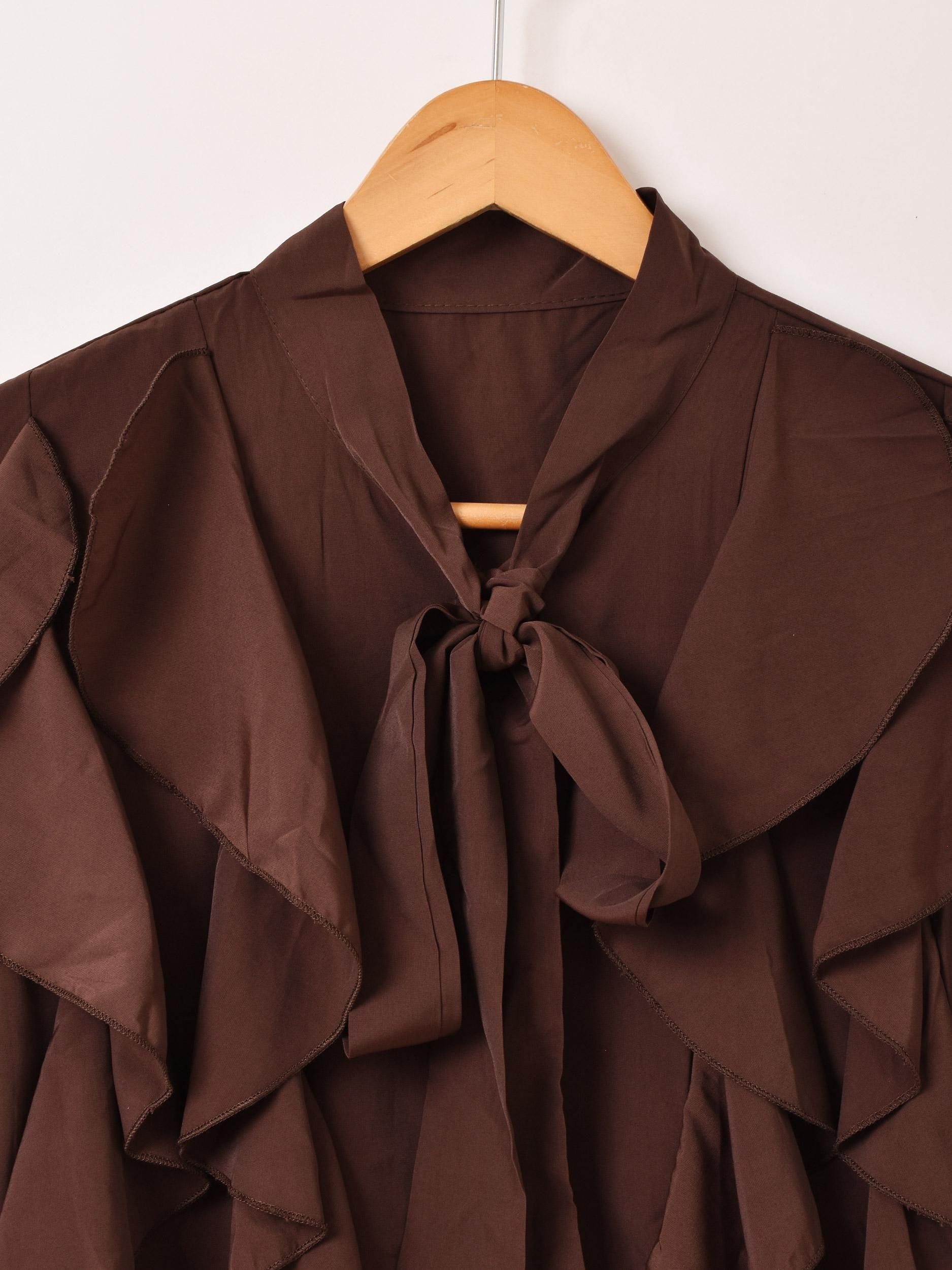 未使用級 ドゥロワー シルク混 ボウタイ ブラウス ブラウン フリル 半袖 38 未使用級 ドゥロワー シルク混 ボウタイ ブラウス ブラウン