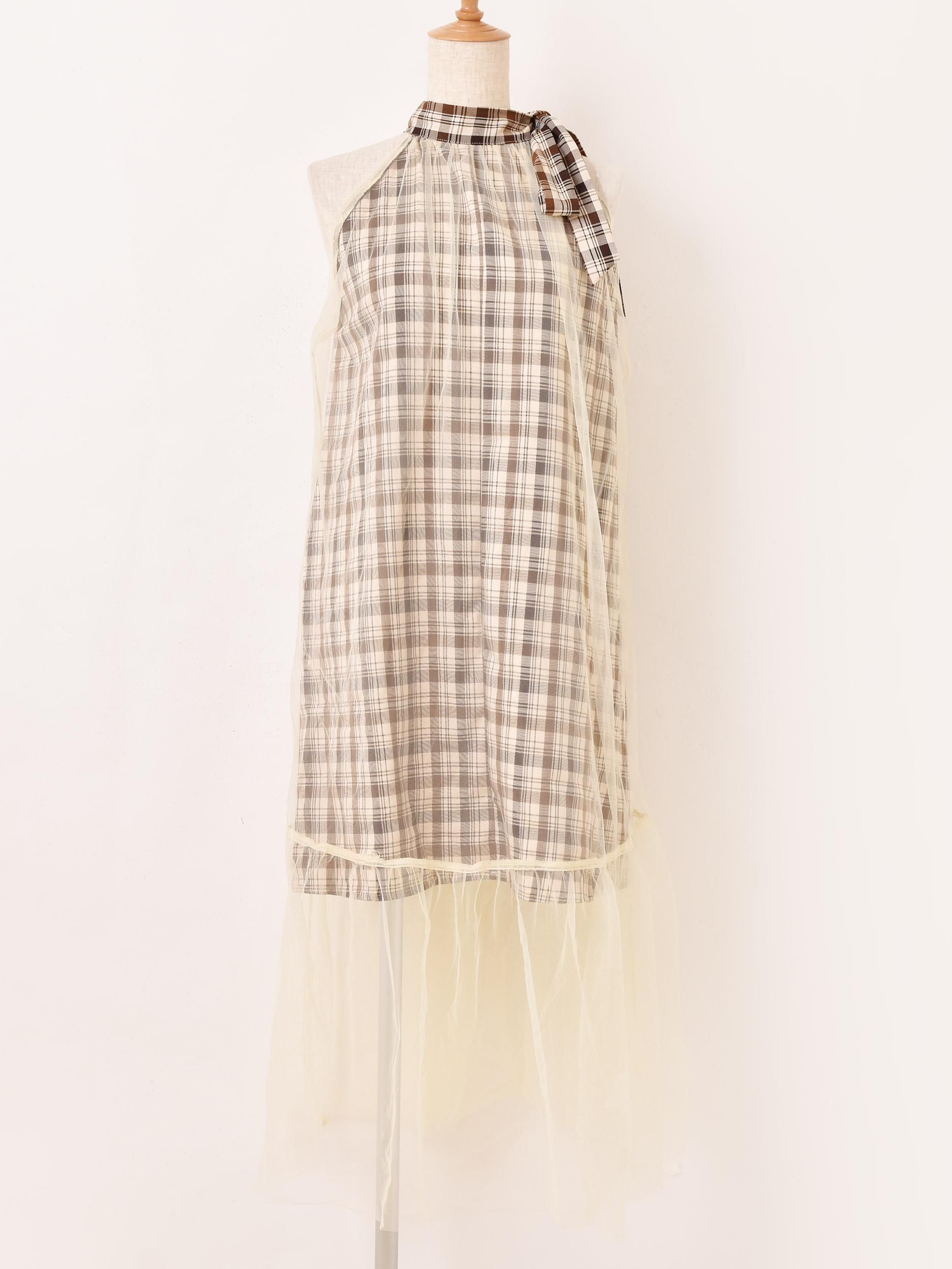 3色展開】「Meridian」チェック柄×チュール リボンネック ノースリーブ