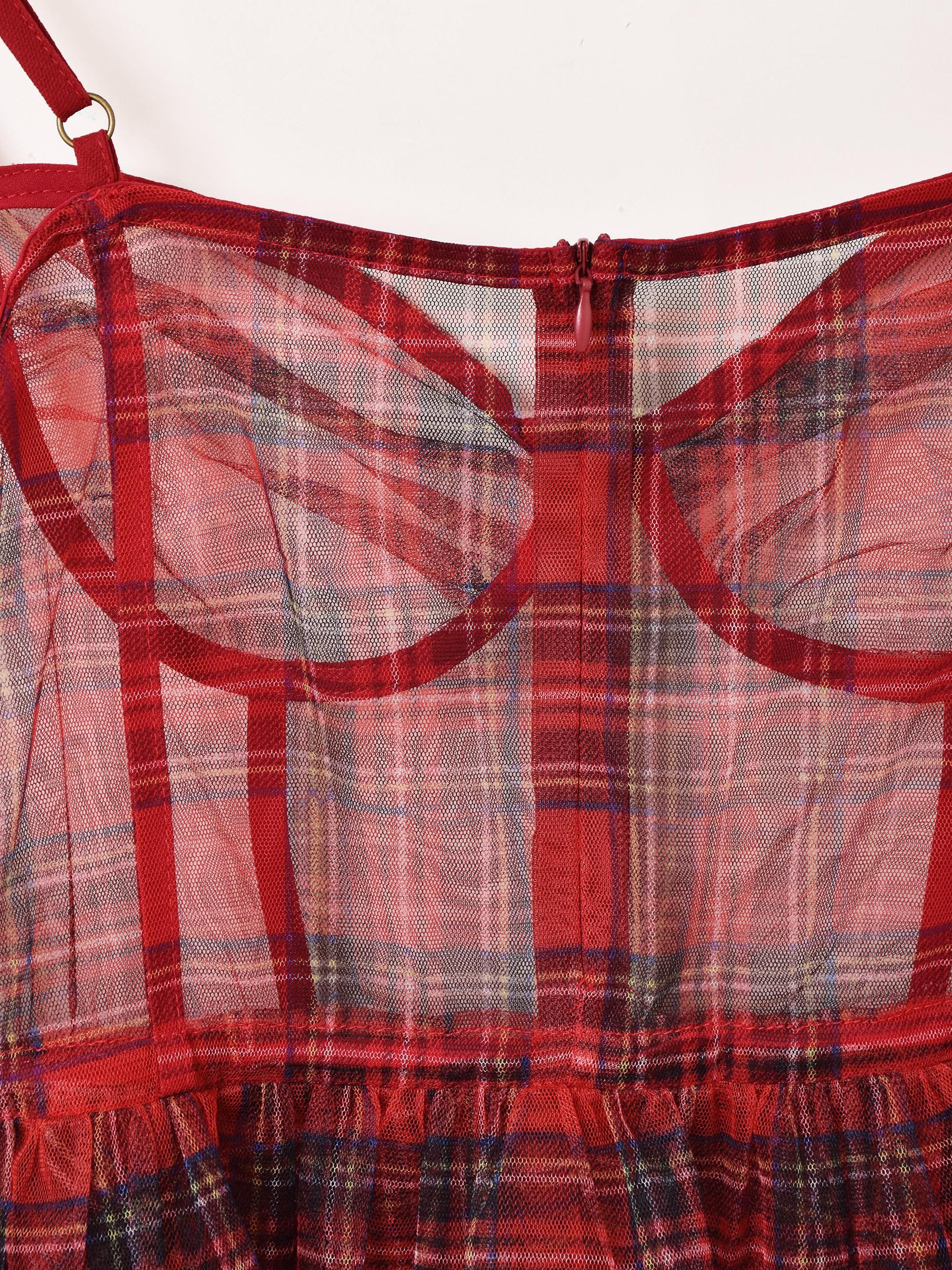 2色展開】「Meridian」チェック柄 チュール ペプラム ビスチェ レッド