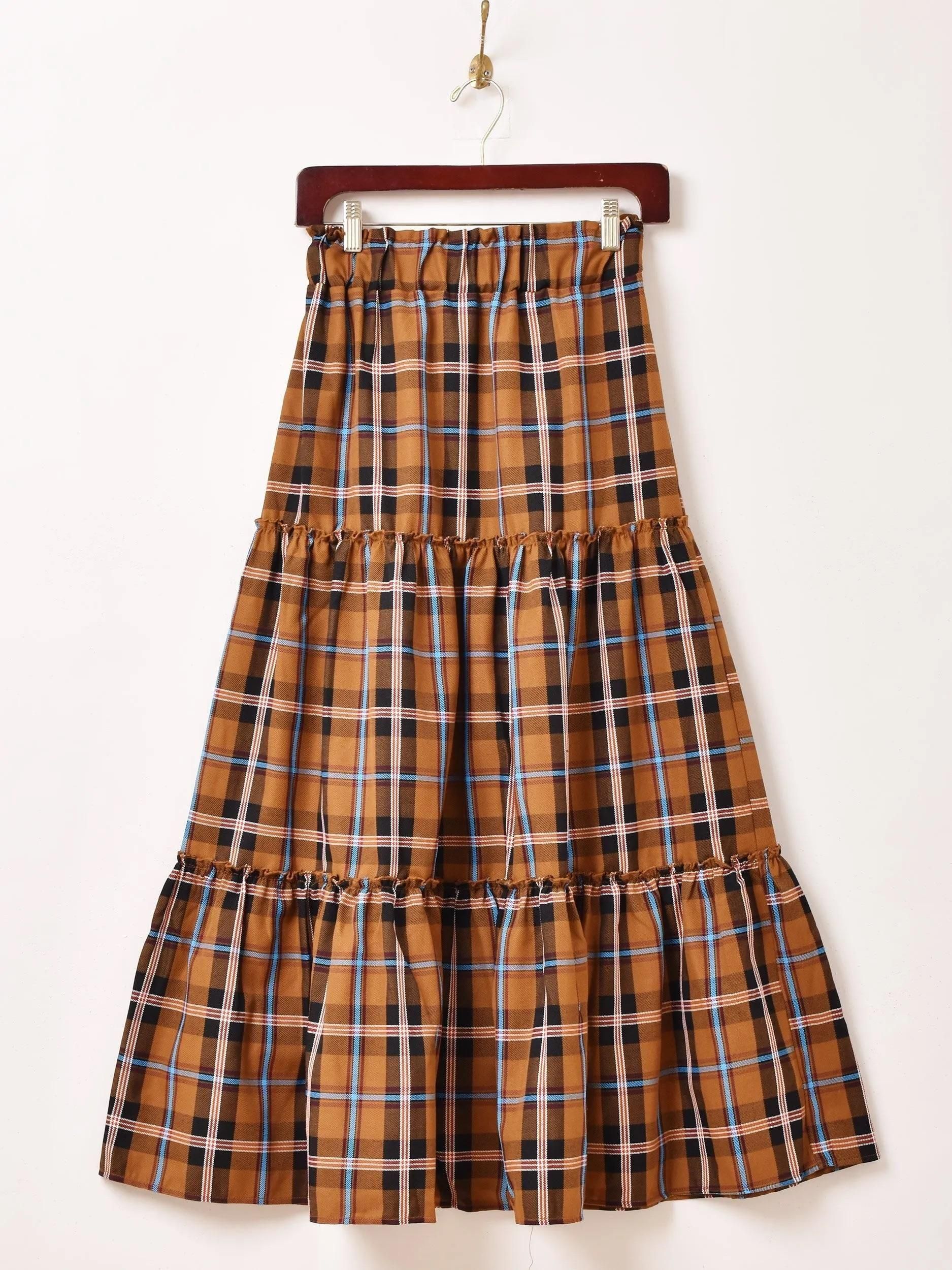 5色展開】「Meridian」チェック柄 ティアードスカート ブルー - 古着屋