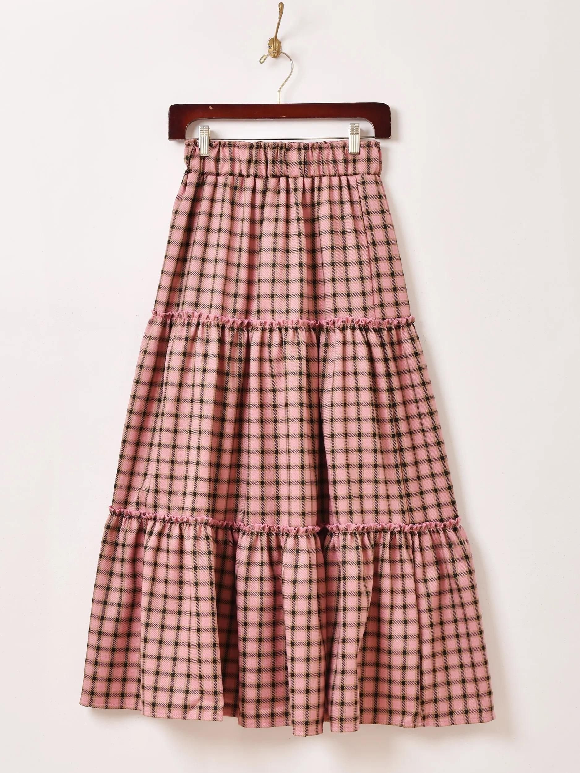 5色展開】「Meridian」チェック柄 ティアードスカート ブルー - 古着屋