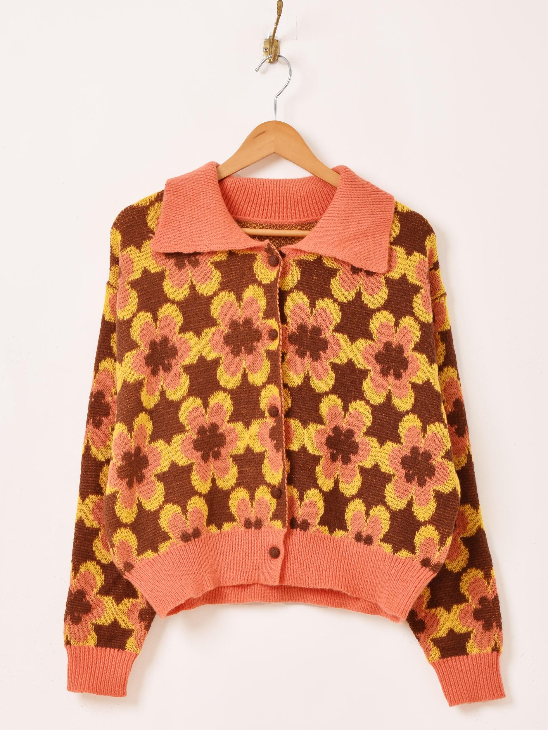 2色展開】「Meridian」花柄 襟付き カーディガン オレンジ - 古着屋