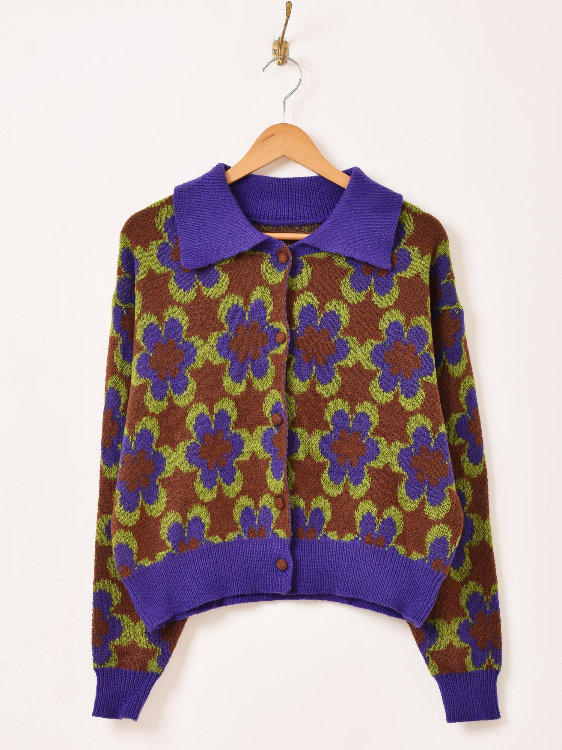 2色展開】「Meridian」花柄 襟付き カーディガン オレンジ - 古着屋