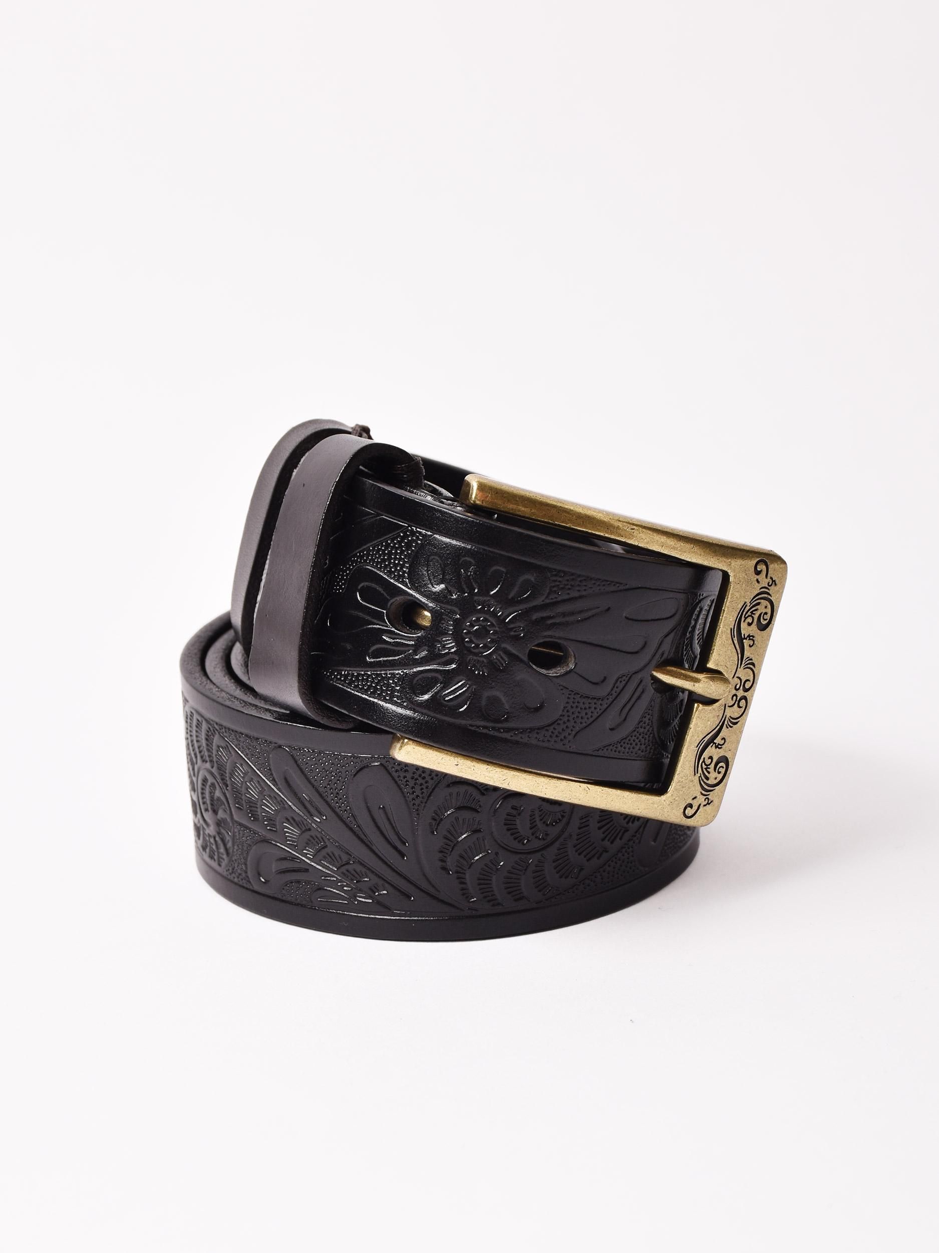 ゴールドバックル 型押し レザーベルト ブラック - 古着屋