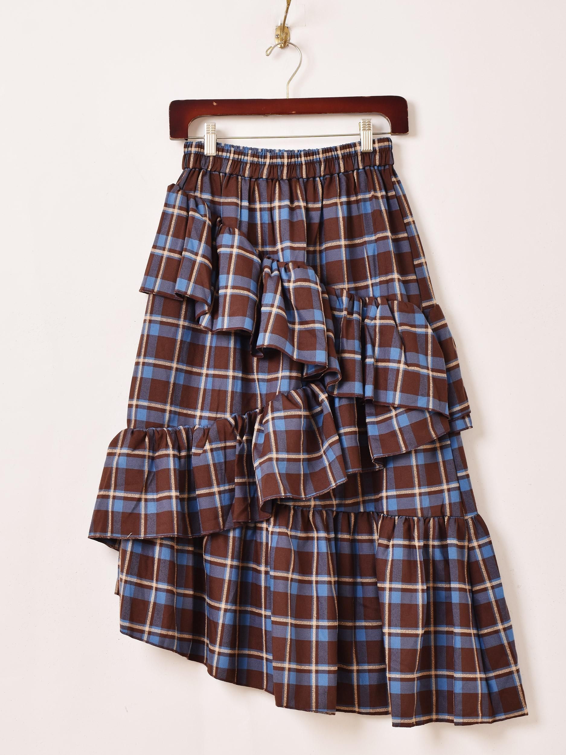 美品☆ミナペルホネン アシンメトリー変形スカートチェック柄フレアスカートブラウン 美品☆ミナペルホネン アシンメトリー変形スカートチェック柄