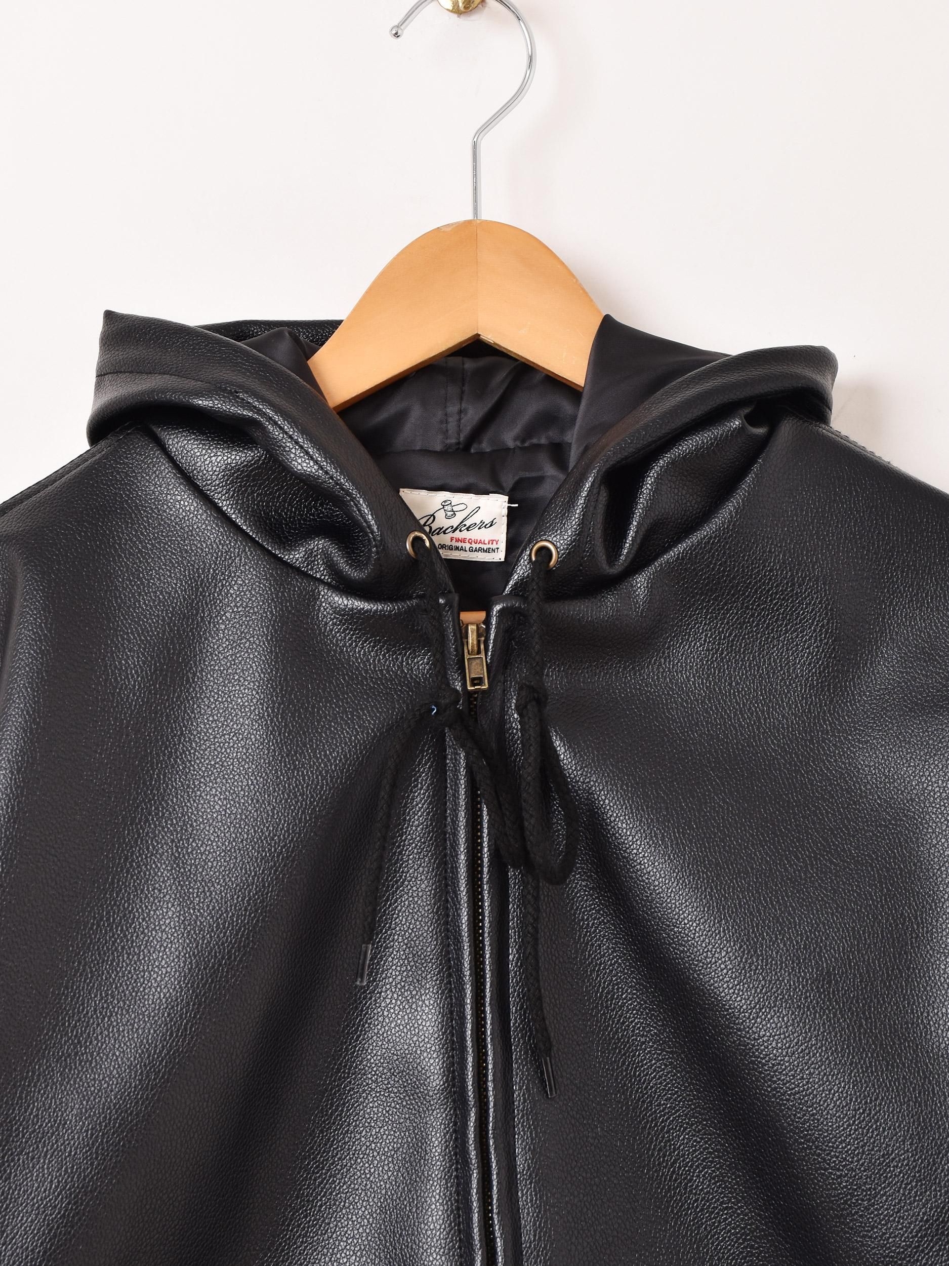 3色展開】「Backers」フェイクレザー ジップアップ パーカー ブラック